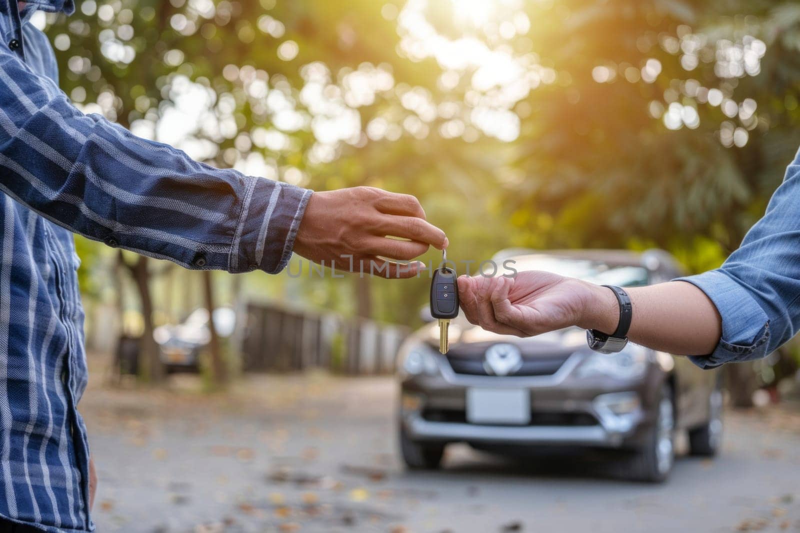 Concept of selling and buying a new car. Two man are exchanging keys for a new car.