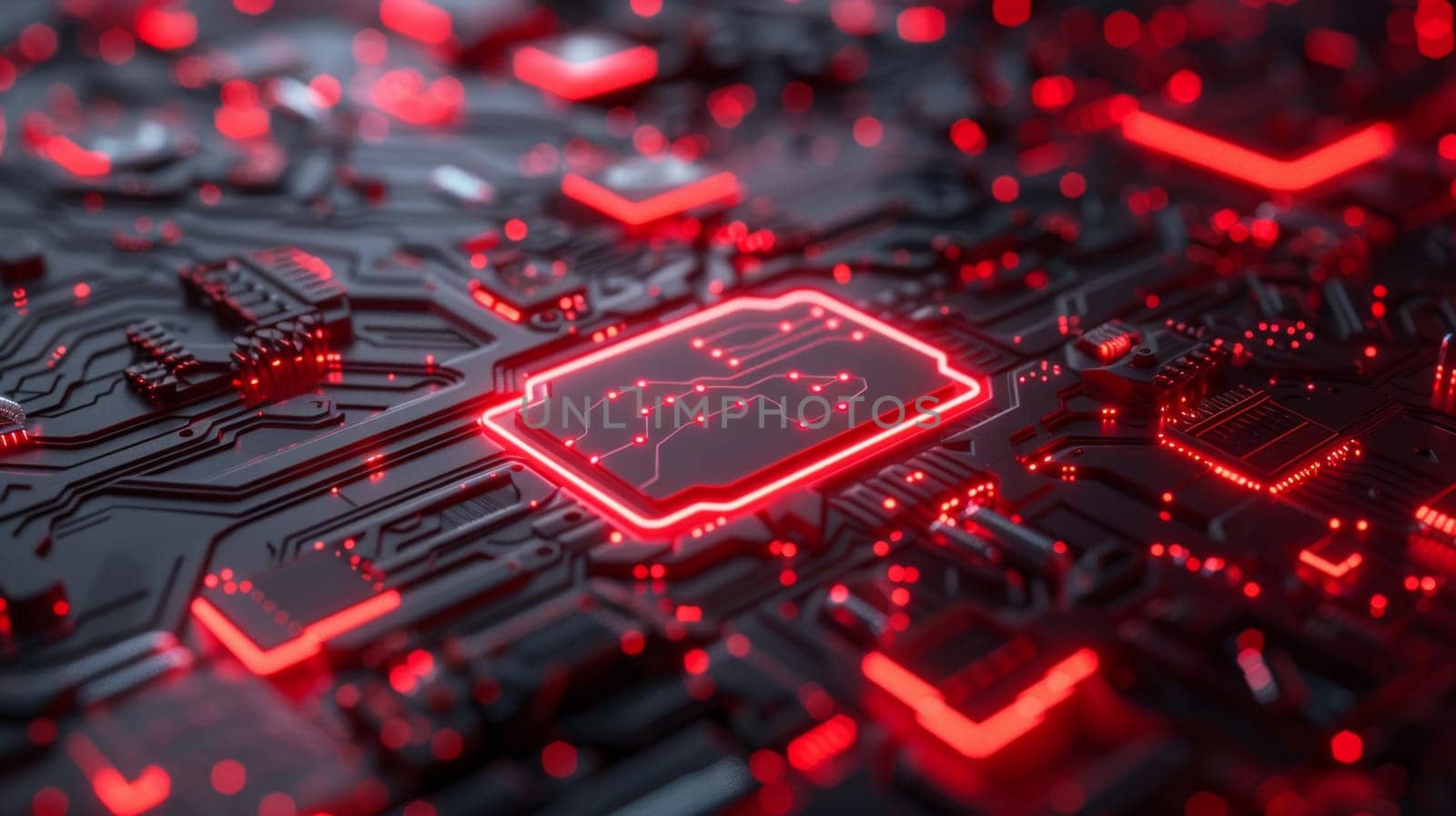 Circuit board background with electronic red illuminated.