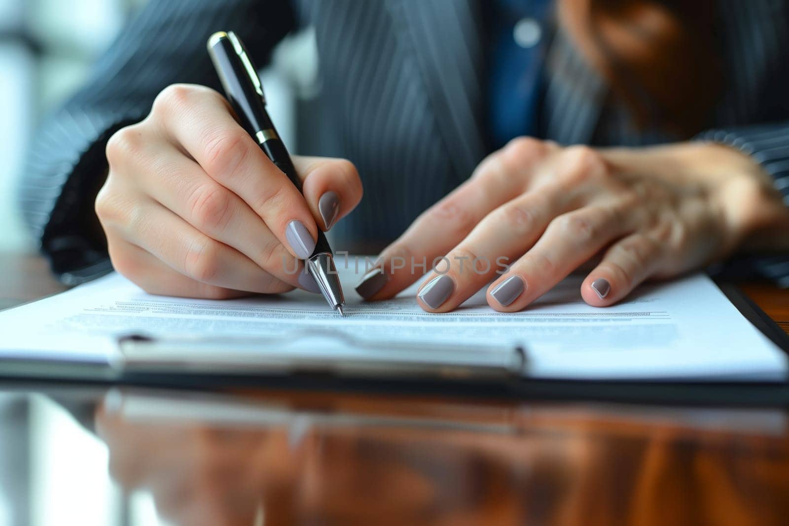 The womans hand gracefully moves the pen on the clipboard while her thumb and fingers delicately grip it. Her nail polish matches the font on the communication device placed on the table