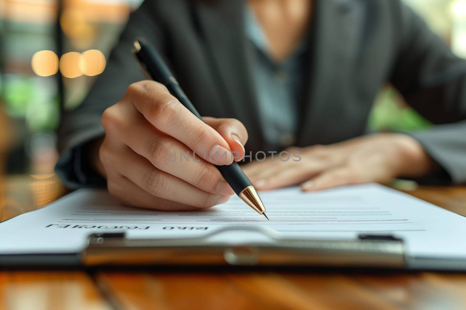 A woman is using her hand to write on a clipboard with a pen at her desk. She is surrounded by office supplies and gestures with her finger as she carefully selects the font