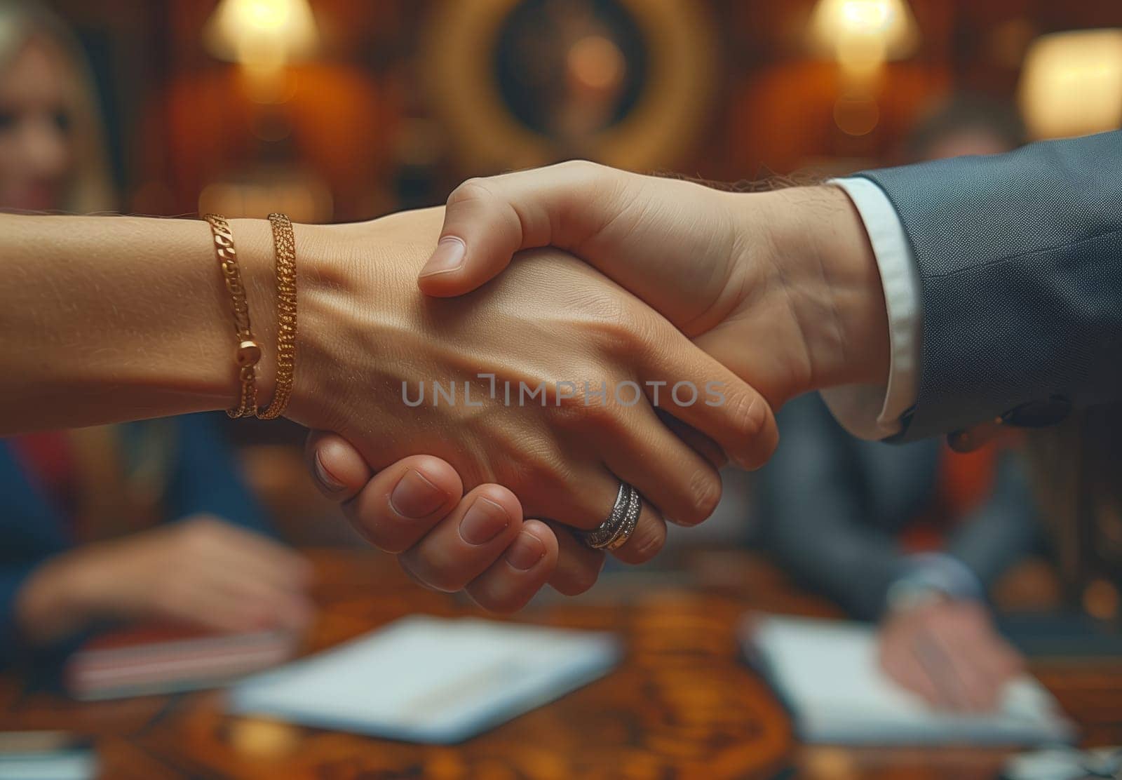 The man and woman are making a gesture of shaking hands across the table, showcasing their intertwined fingers, thumbs, and nails
