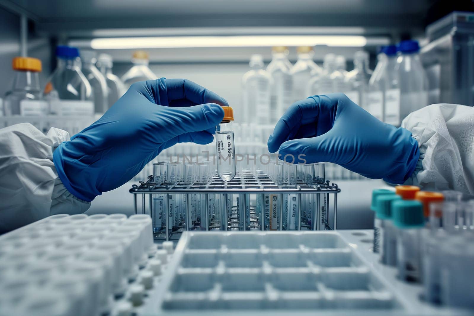 In a laboratory, a scientist is holding a test tube filled with an electric blue fluid, conducting research on a potential solution in engineering and gas science