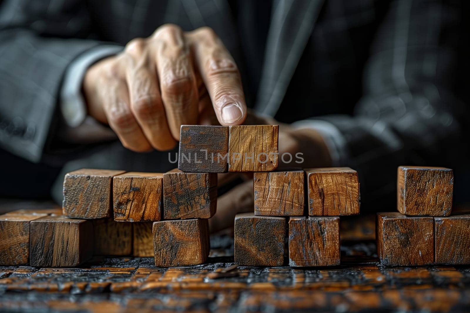 In a sleek suit, the man delicately stacks wooden blocks one on top of the other, demonstrating precise gestures with his wrist and thumb