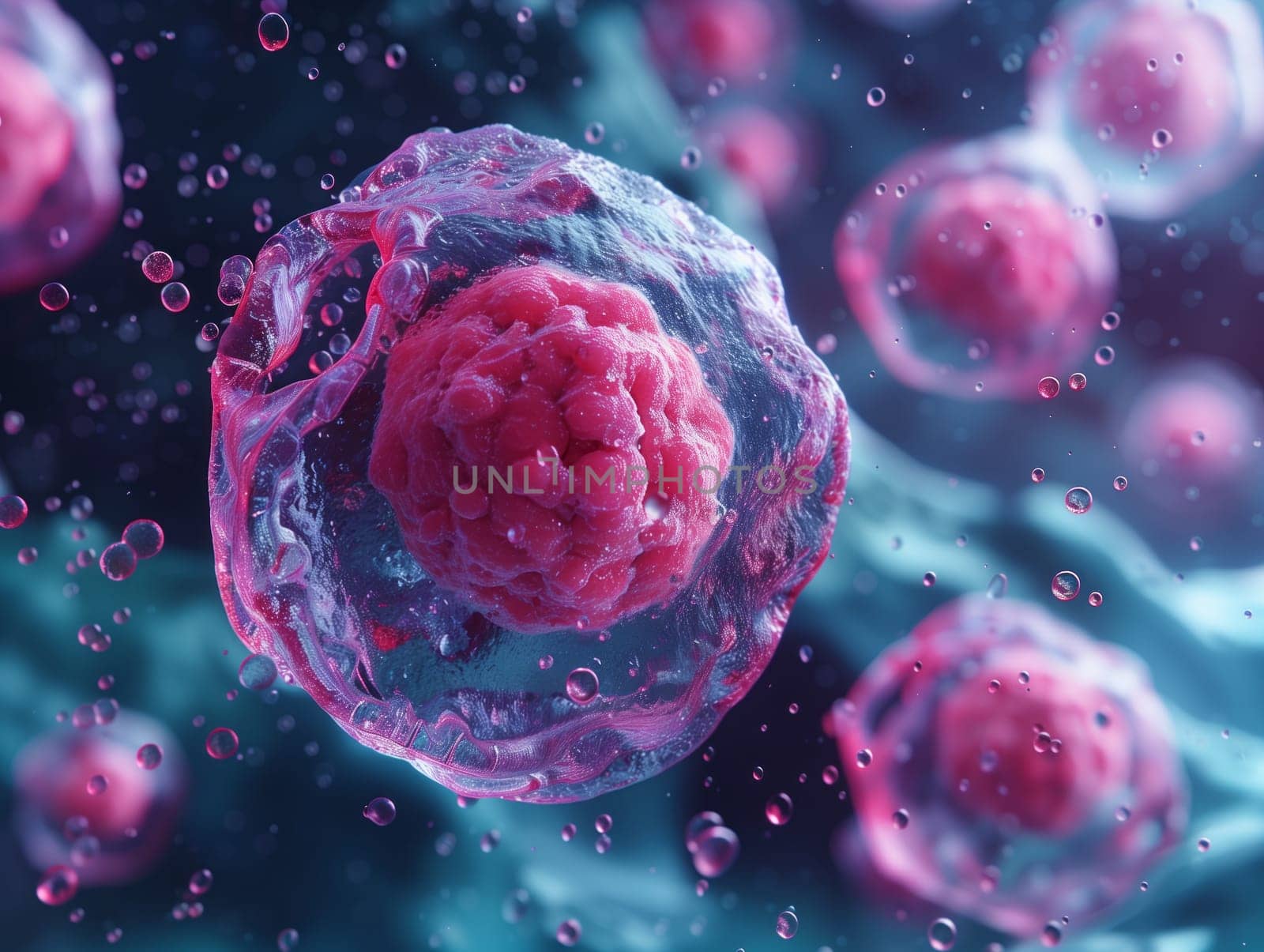 A cluster of pink cells resembling petals drift in a striking electric blue liquid, creating a whimsical and vibrant organism in a surreal art piece