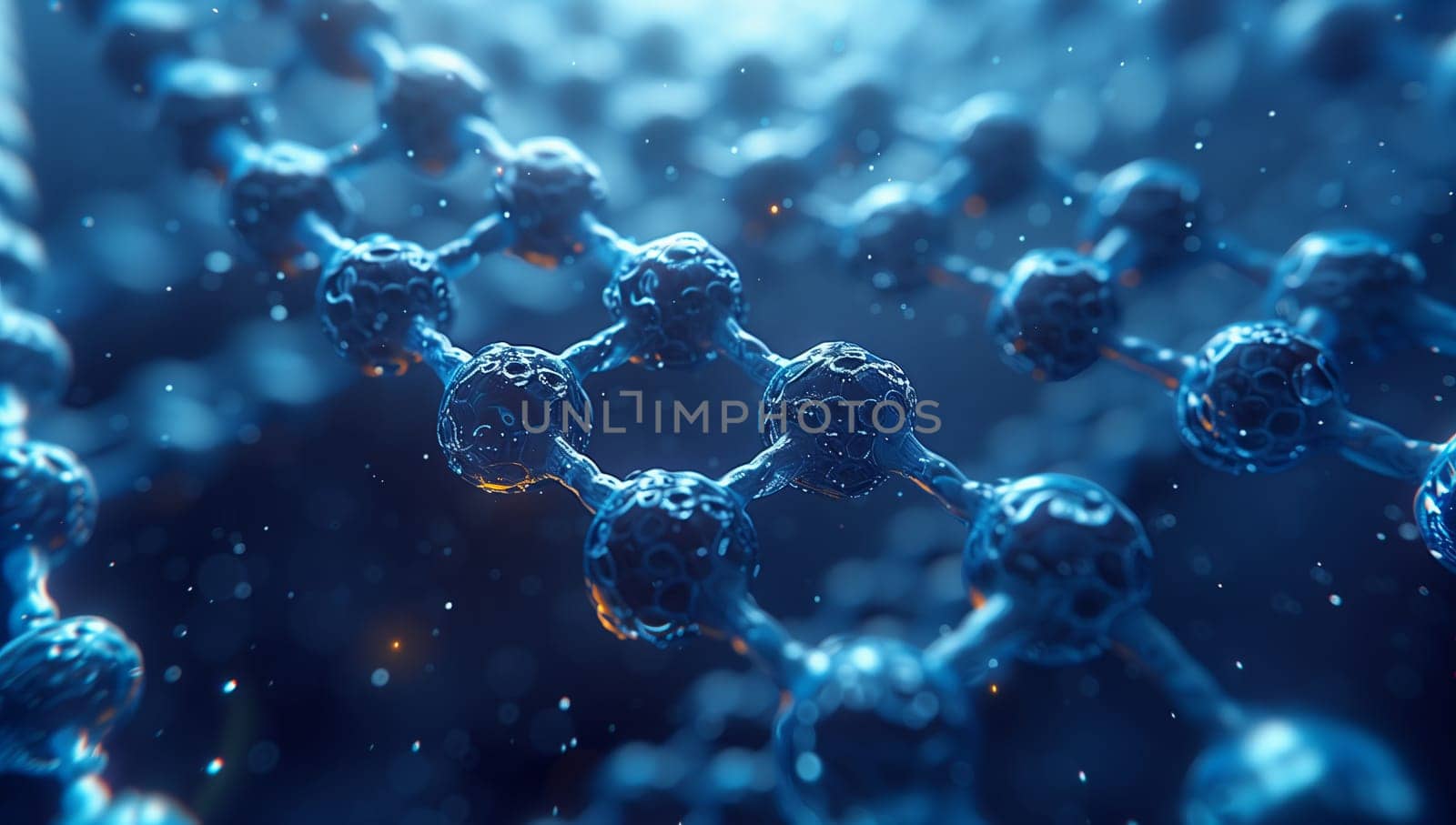 Closeup of a molecule submerged in electric blue liquid, resembling underwater marine biology. The intricate pattern and font showcase the beauty of science in the dark, cloudy environment