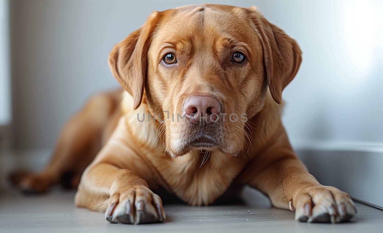 A livercolored dog breed is laying on the wood flooring, gazing at the camera with its fawncolored coat. This carnivore has whiskers and a snout, embodying the loyal nature of a companion dog