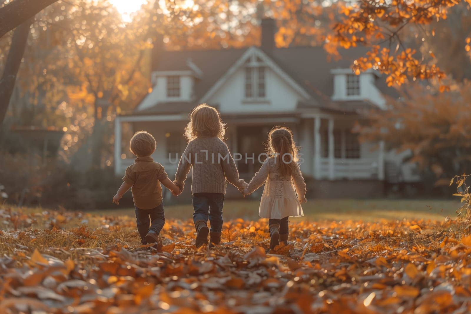 Three children are holding hands and walking in front of a charming house, surrounded by a lush natural landscape of trees, branches, and green grass