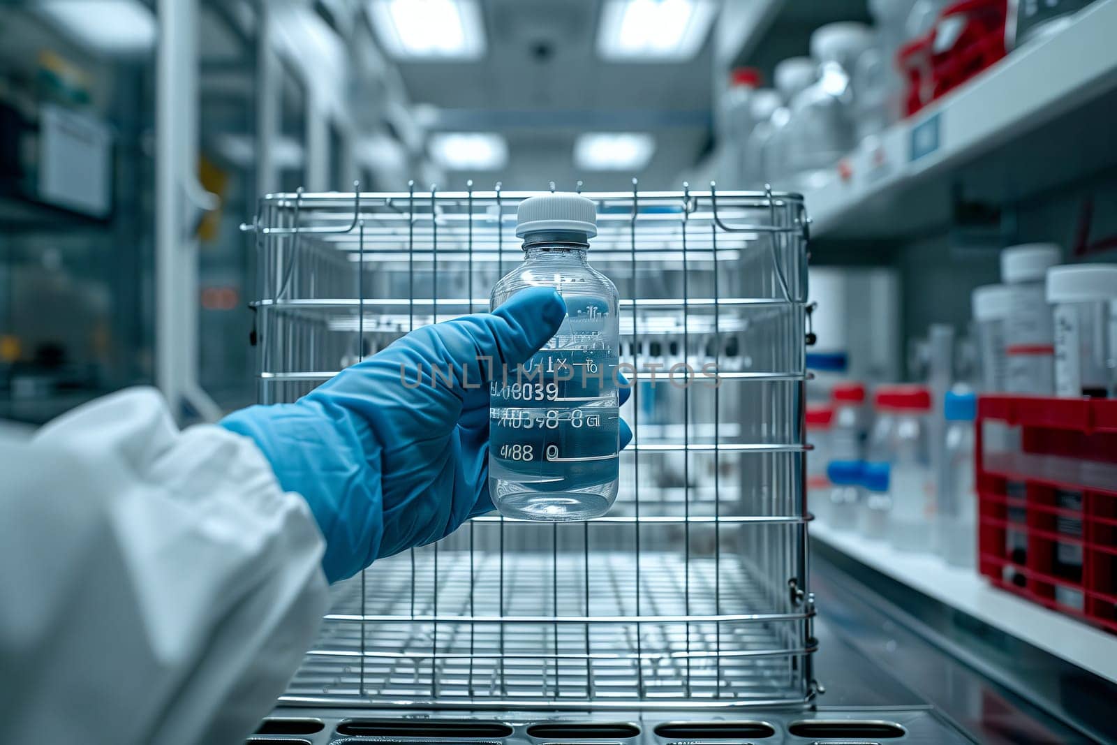 A scientist is holding a bottle of liquid in a laboratory for mass production. The liquid is water, a key solution in engineering and science