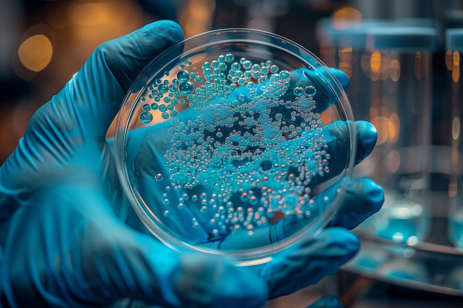 The person is holding a petri dish filled with bacteria culture. The liquid inside resembles electric blue fluid. It seems like a dance of microorganisms under a jeweled sleeve