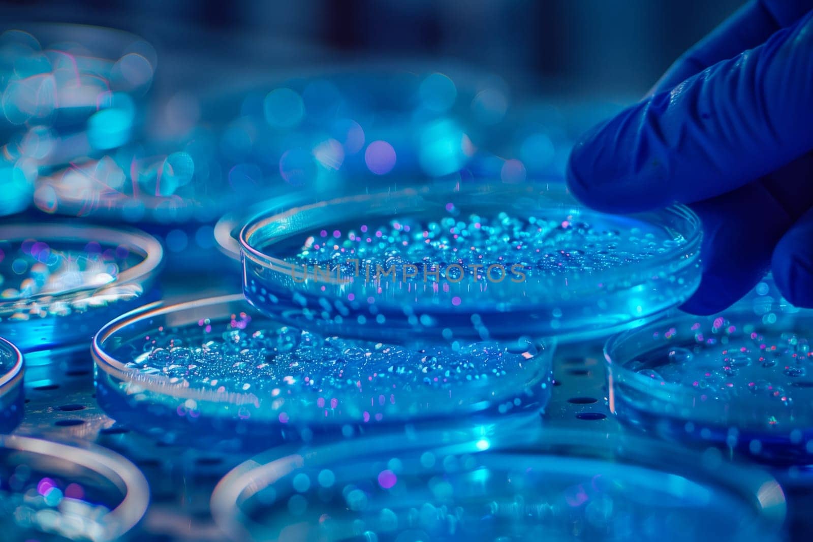 The person is holding a petri dish filled with a liquid in shades of blue and purple, resembling an electric blue fluid. The glass dish is circular with drops of water inside