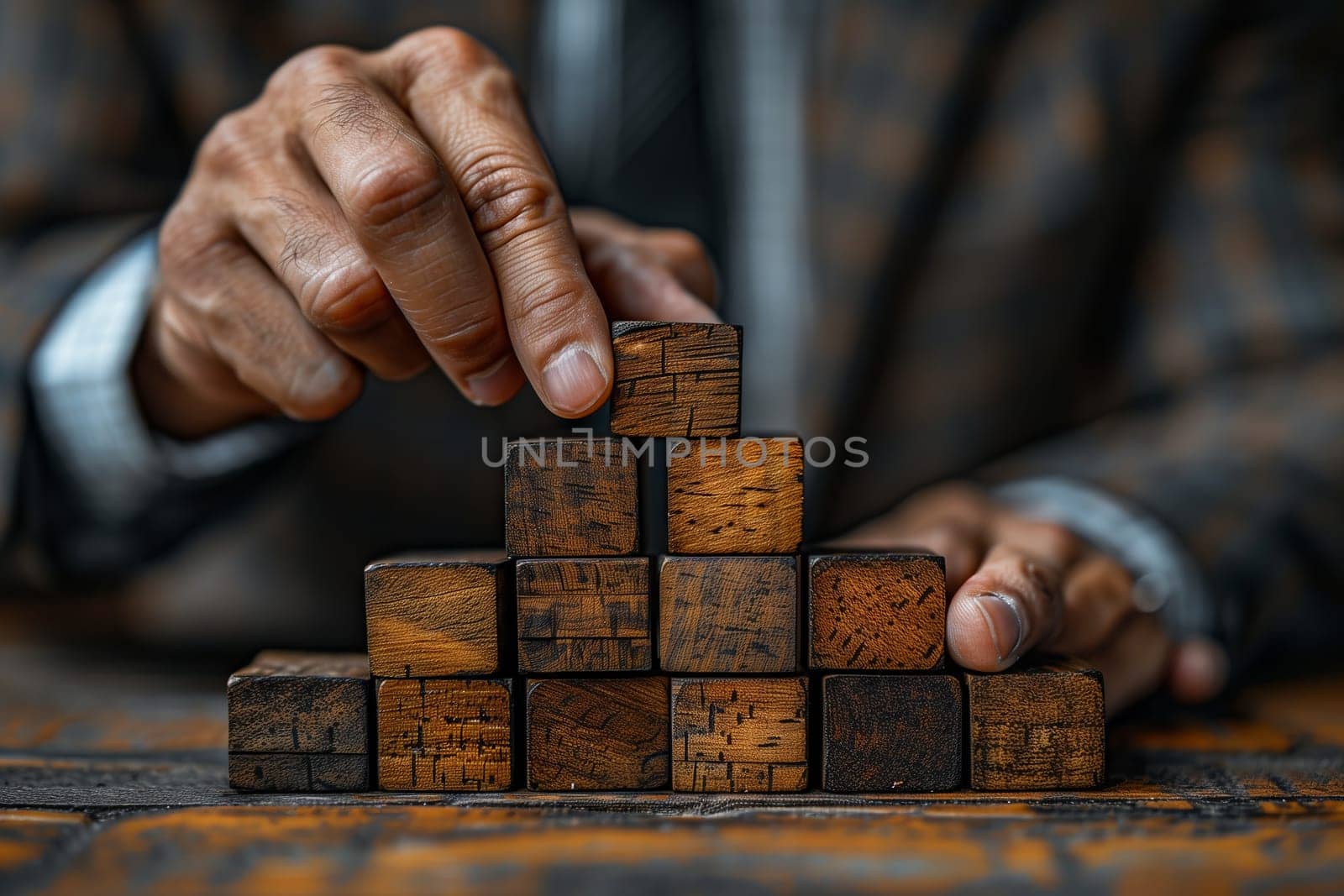 Using fine motor skills, the man is meticulously stacking wooden blocks on the table, demonstrating artistry in this mechanical puzzle recreation