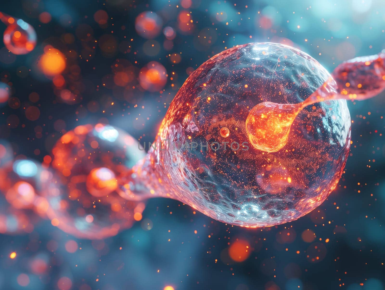 An upclose view of a cell emitting numerous bubbles, resembling an organism underwater. The electric blue bubbles give the image an artistic touch, creating a science fiction vibe