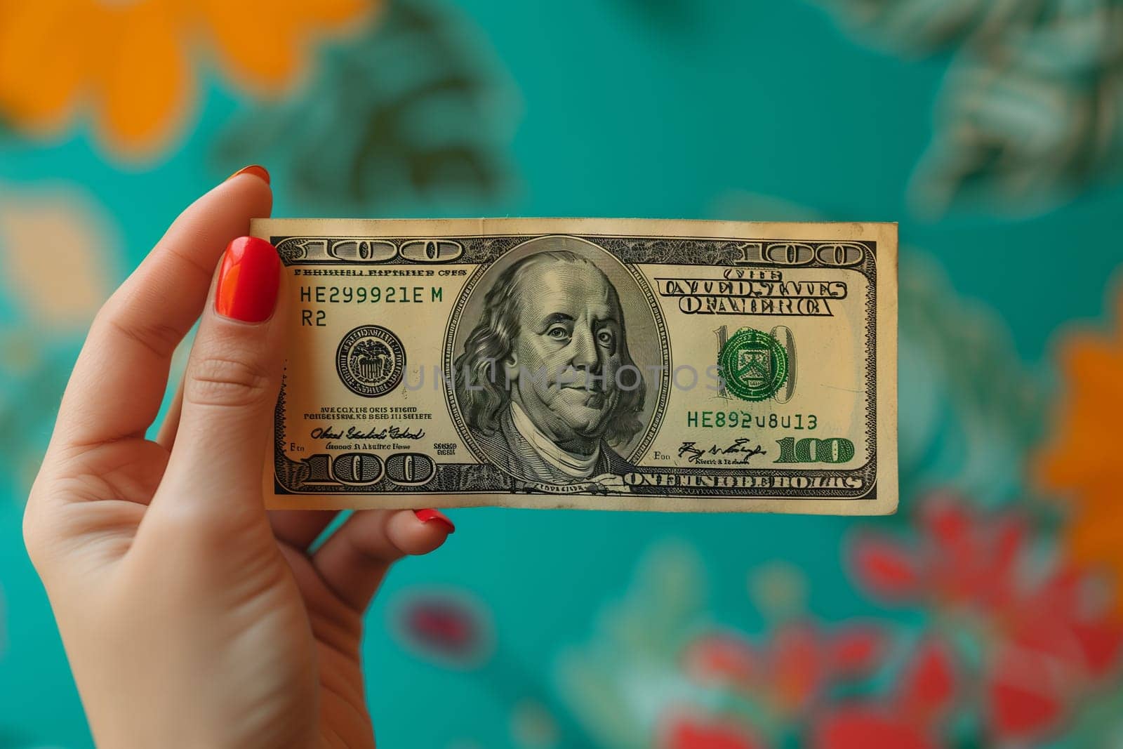 A woman is handling a green 100 dollar banknote in her hand, using her fingers and thumb to hold the currency. Money makes the world go round