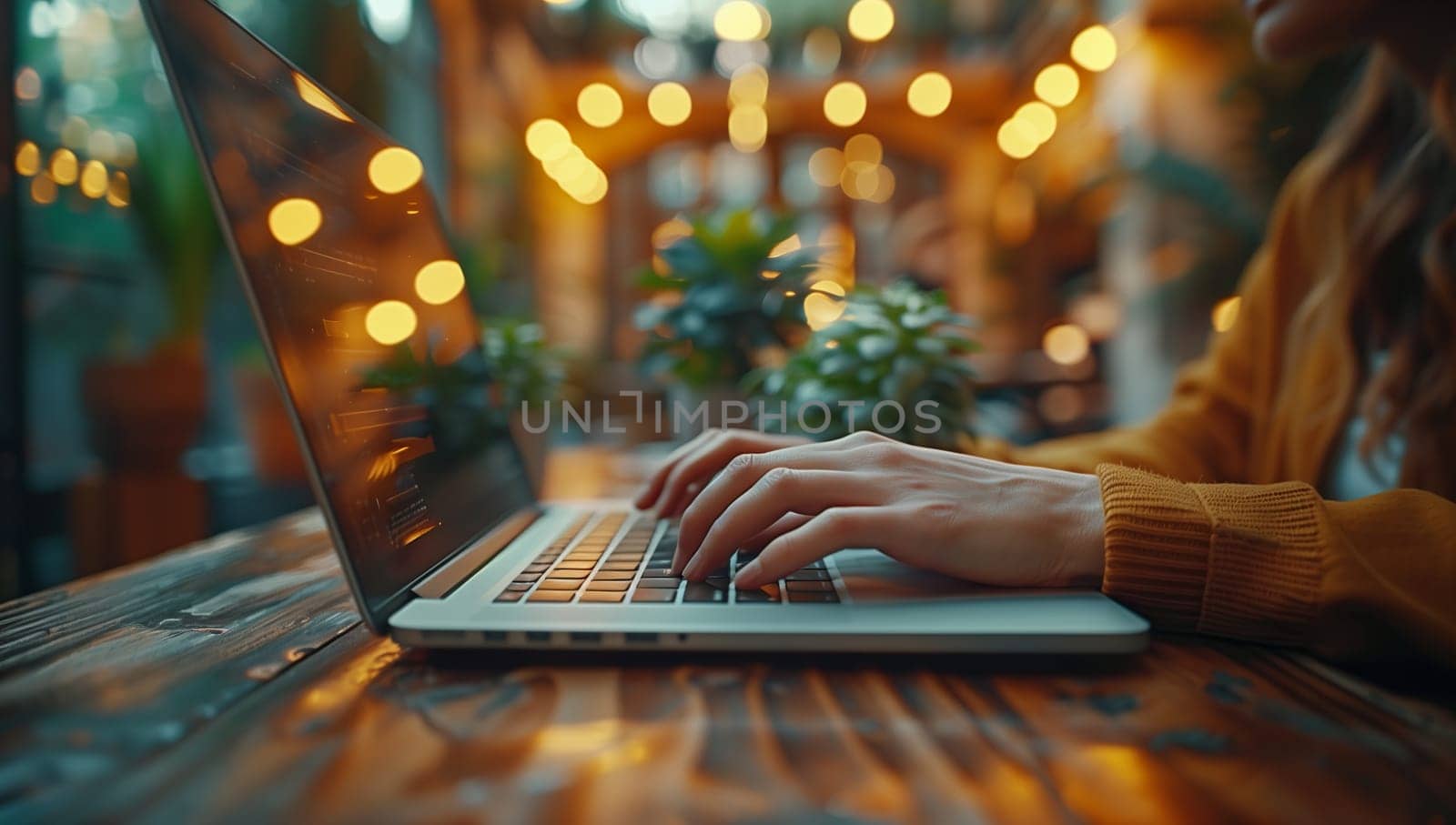 A woman is typing on a laptop at a wooden table in a cozy house, surrounded by hardwood flooring and tableware. She is enjoying the event and the warm heat inside