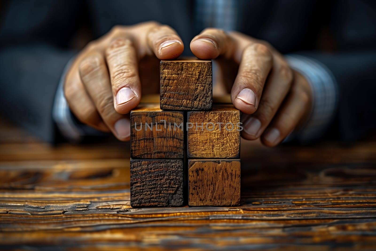 The mans gesture was delicate as he arranged the hardwood blocks on the table, his fingers and thumb stained with wood. The wooden blocks resembled a flooring pattern, a unique fashion accessory