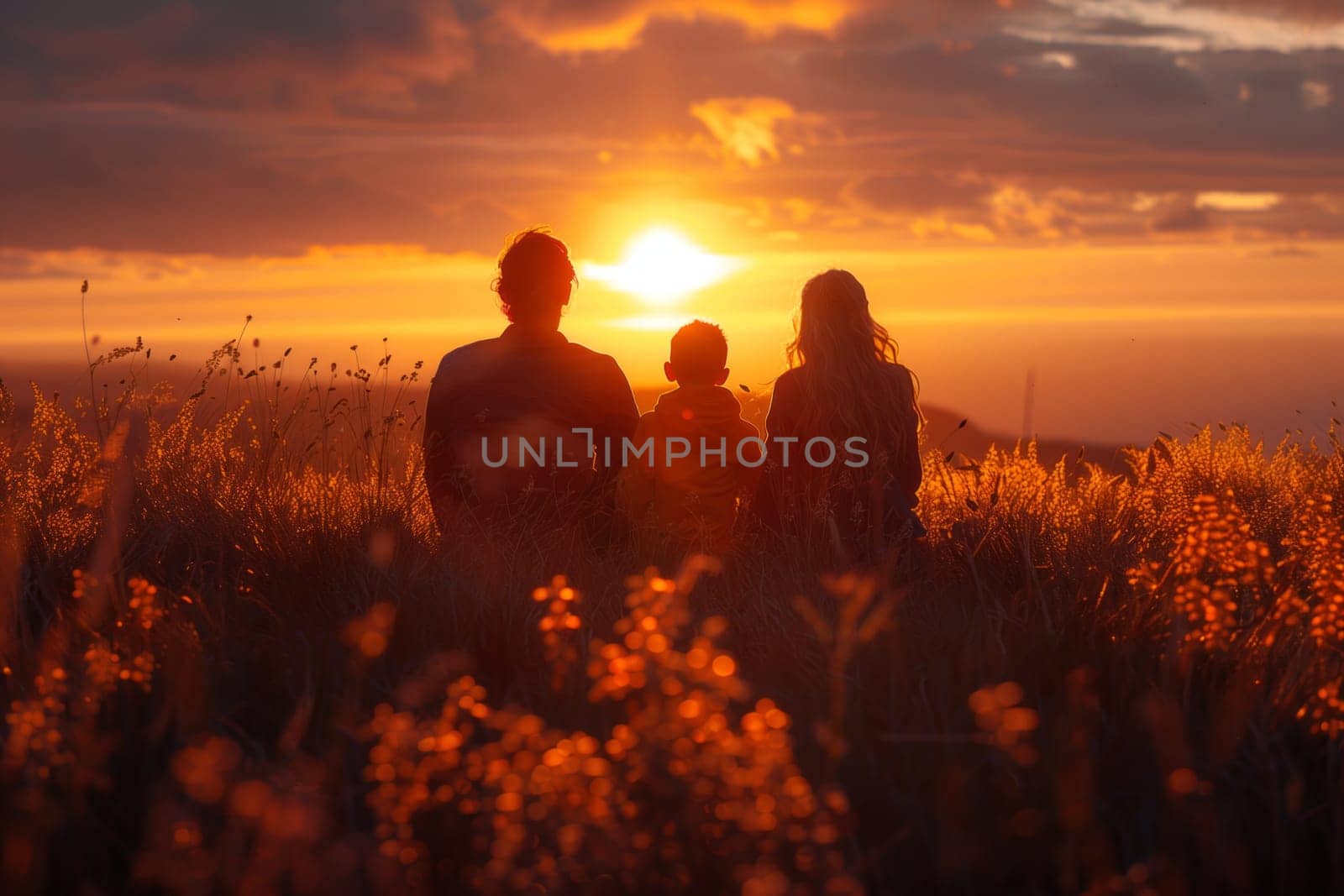 As the sun sets, a family enjoys the beautiful natural landscape, immersed in the warm sunlight and colorful sky at dusk, feeling happy and at peace
