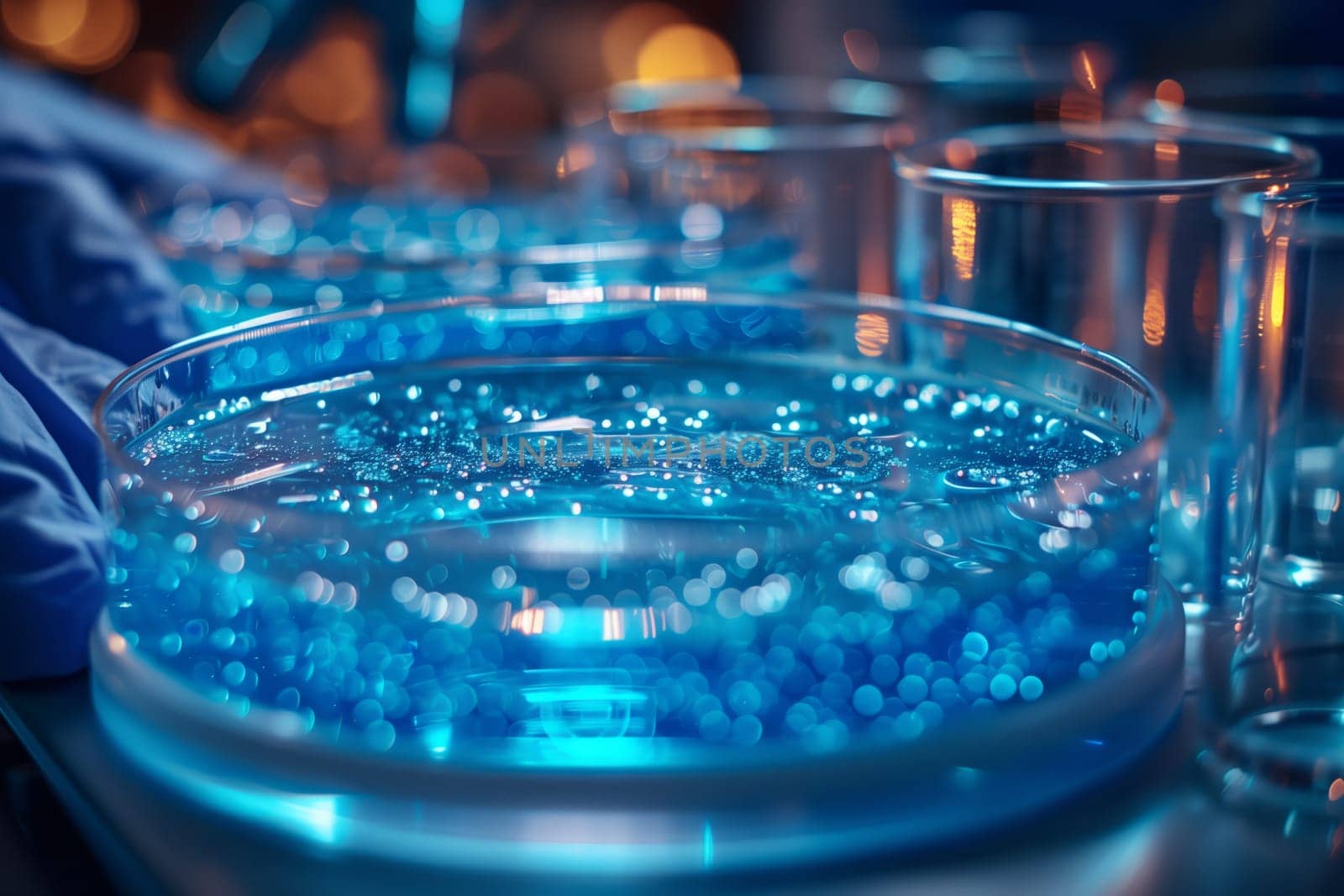 A petri dish filled with blue liquid, resembling drinking water, placed on a table as part of a scientific experiment