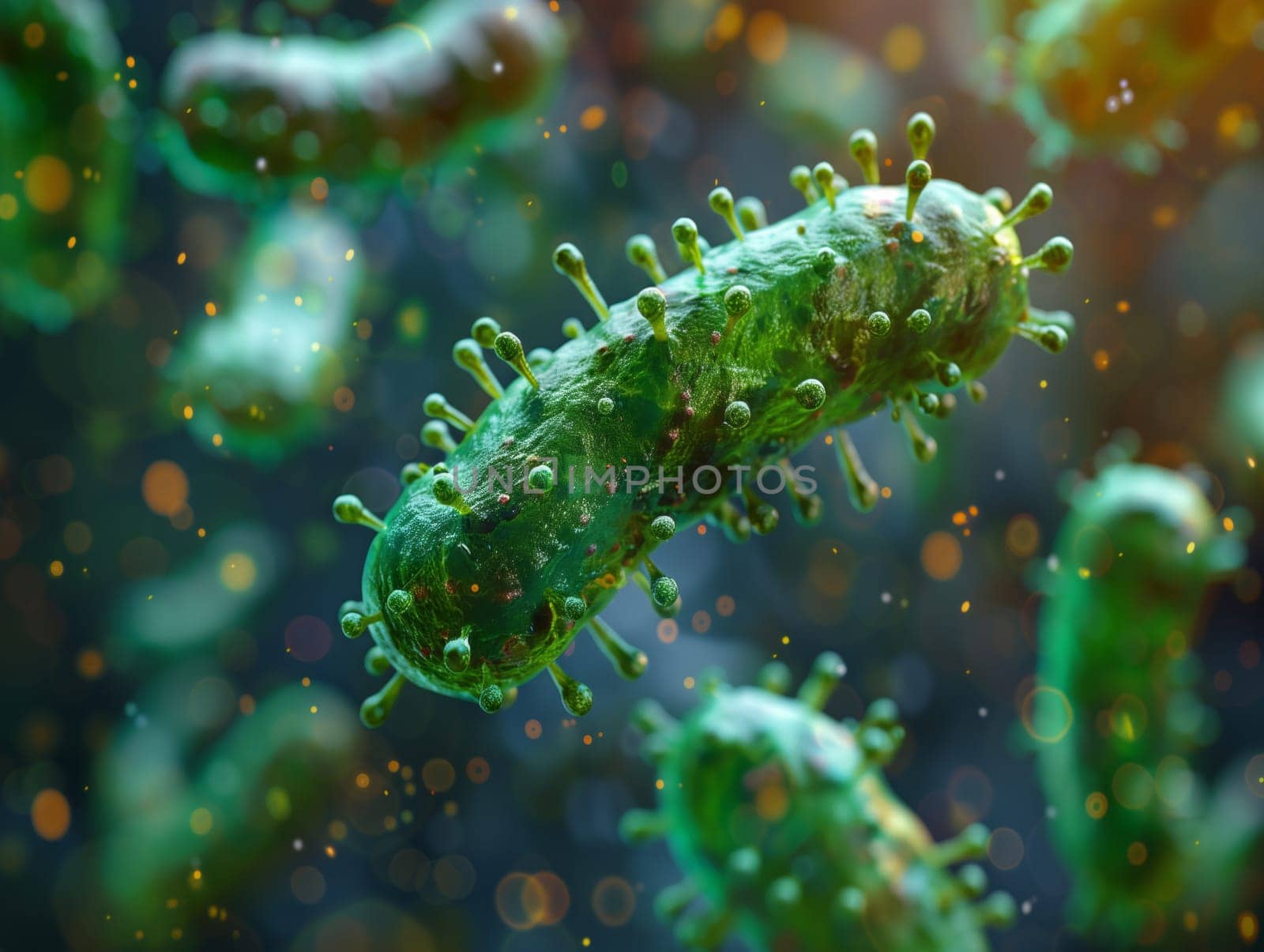 A computer generated image of a green bacteria, an aquatic organism found underwater. It resembles marine invertebrates and plays a vital role in marine biology within the reef ecosystem