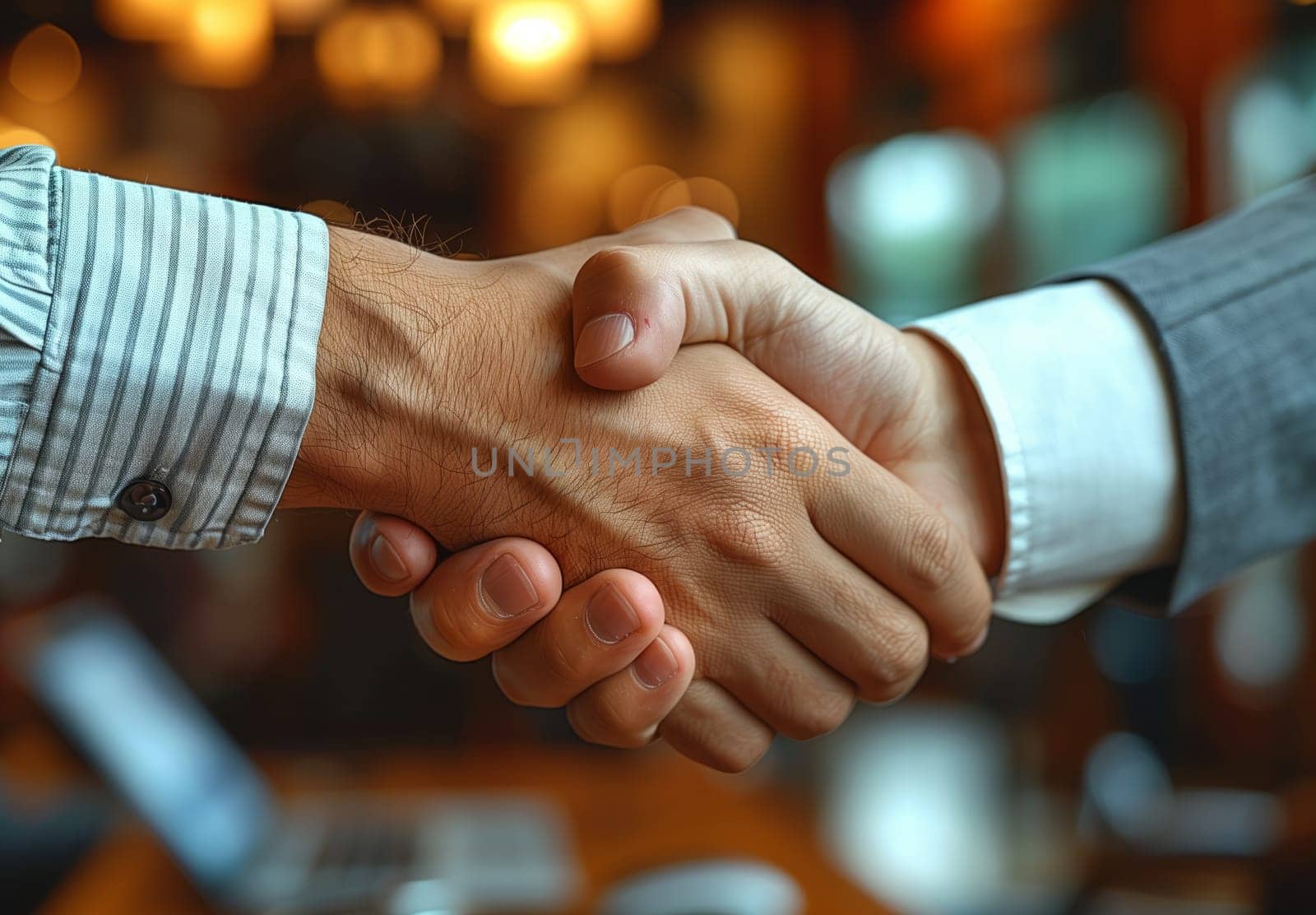 Two men exchange a handshake across a table as a formal greeting gesture by richwolf
