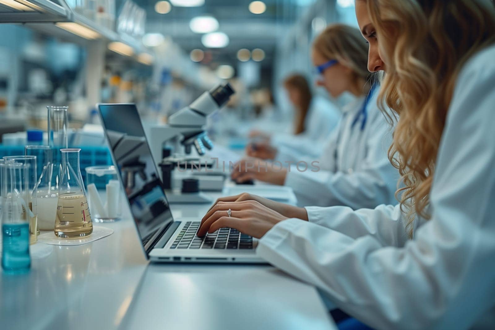 a group of scientists are working in a lab using laptops and microscopes . High quality