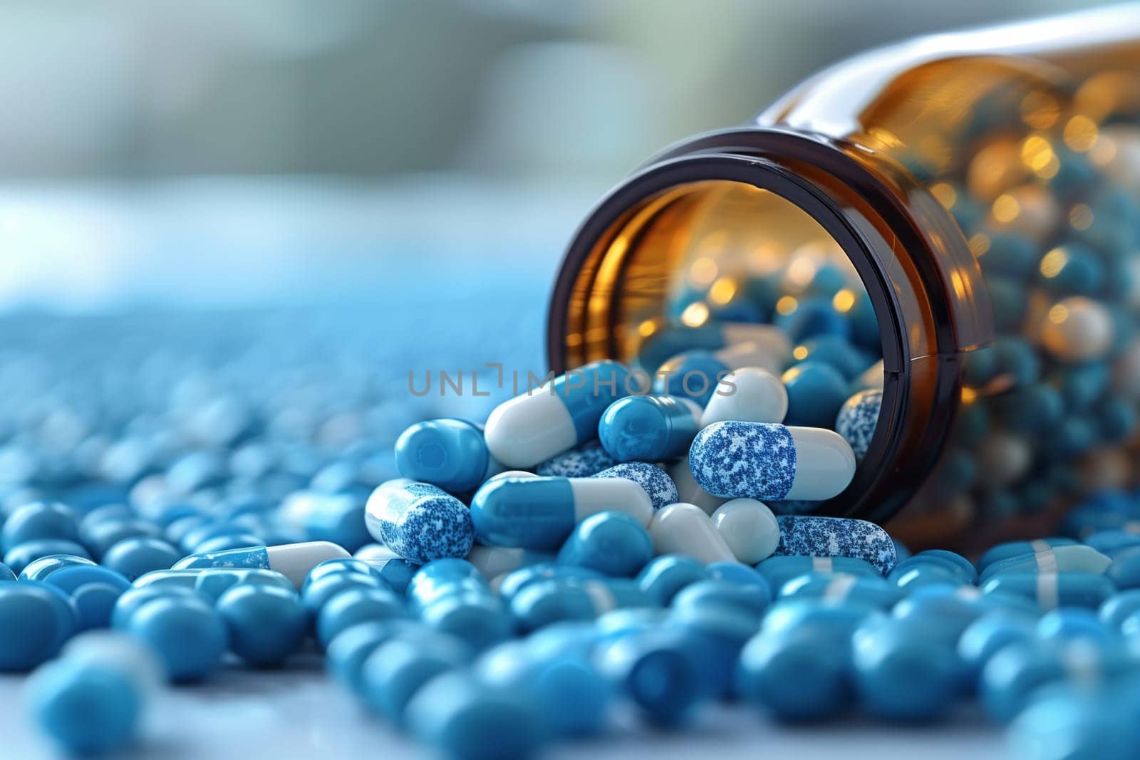 An azure glass bottle spills natural material pills onto a creative arts table. The electric blue pills resemble tiny organisms in an aqua sea, resembling body jewelry or unique jewellery pieces