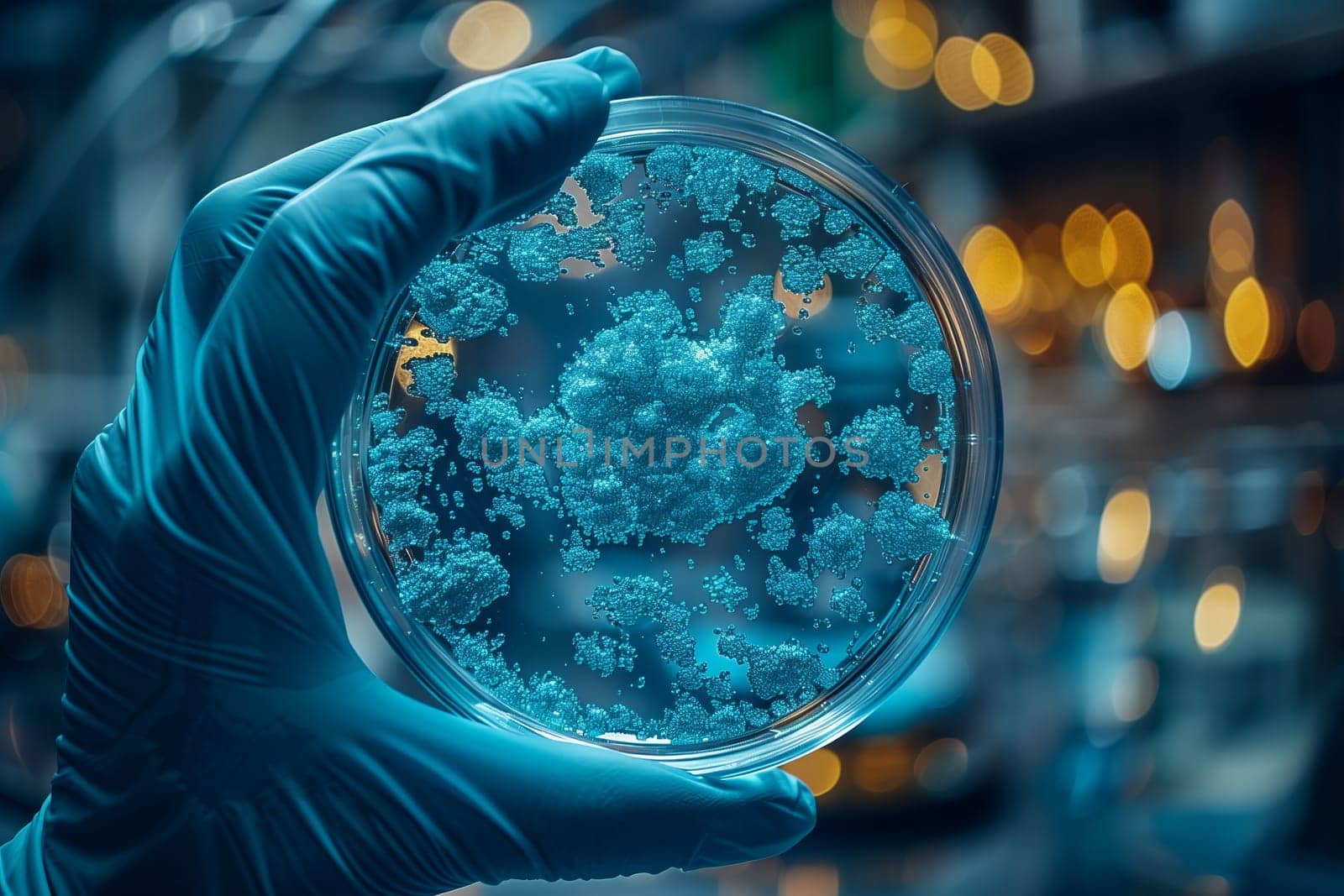 A person gazes at a petri dish filled with electric blue bacteria under macro photography. The liquid world within the glass circle is a stunning art of darkness and water