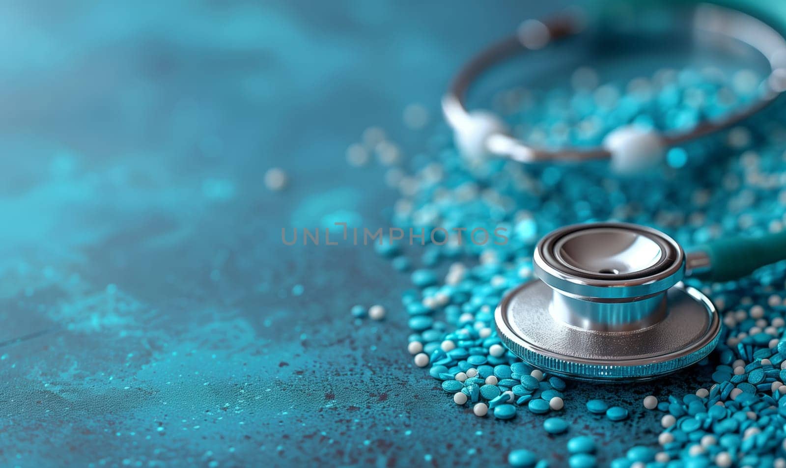 A stethoscope rests atop a stack of vibrant turquoise beads, resembling the colors of liquid aqua. The juxtaposition of metal and body jewelry creates a striking visual contrast