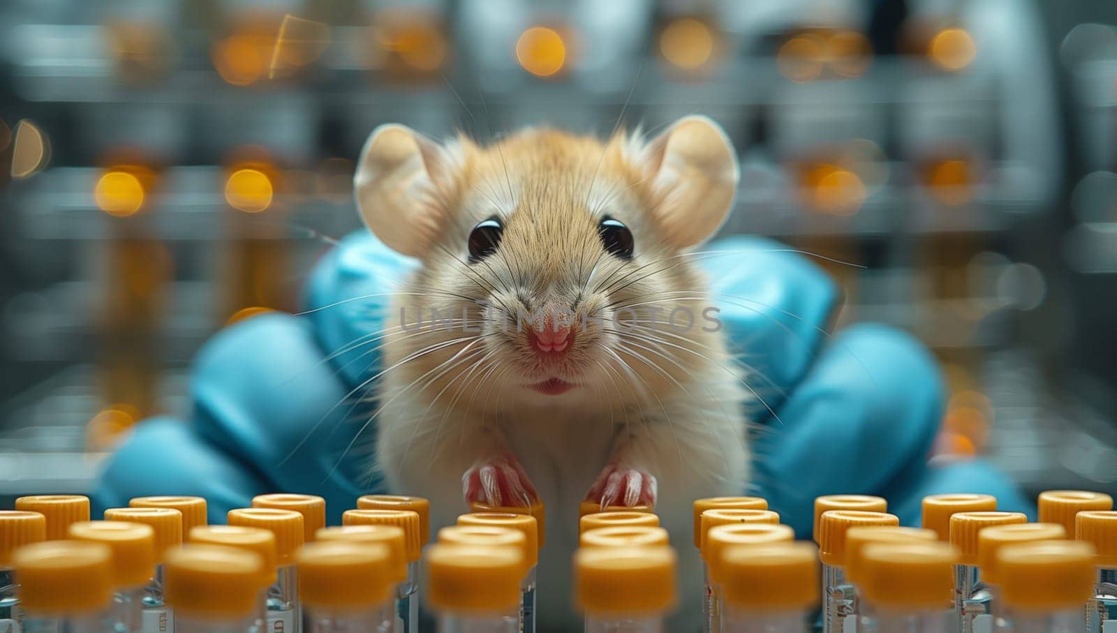 A person is holding a Muroidea rodent with whiskers and a snout in front of test tubes. The event showcases a terrestrial animal in an individual sports setting, perfect for a snapshot