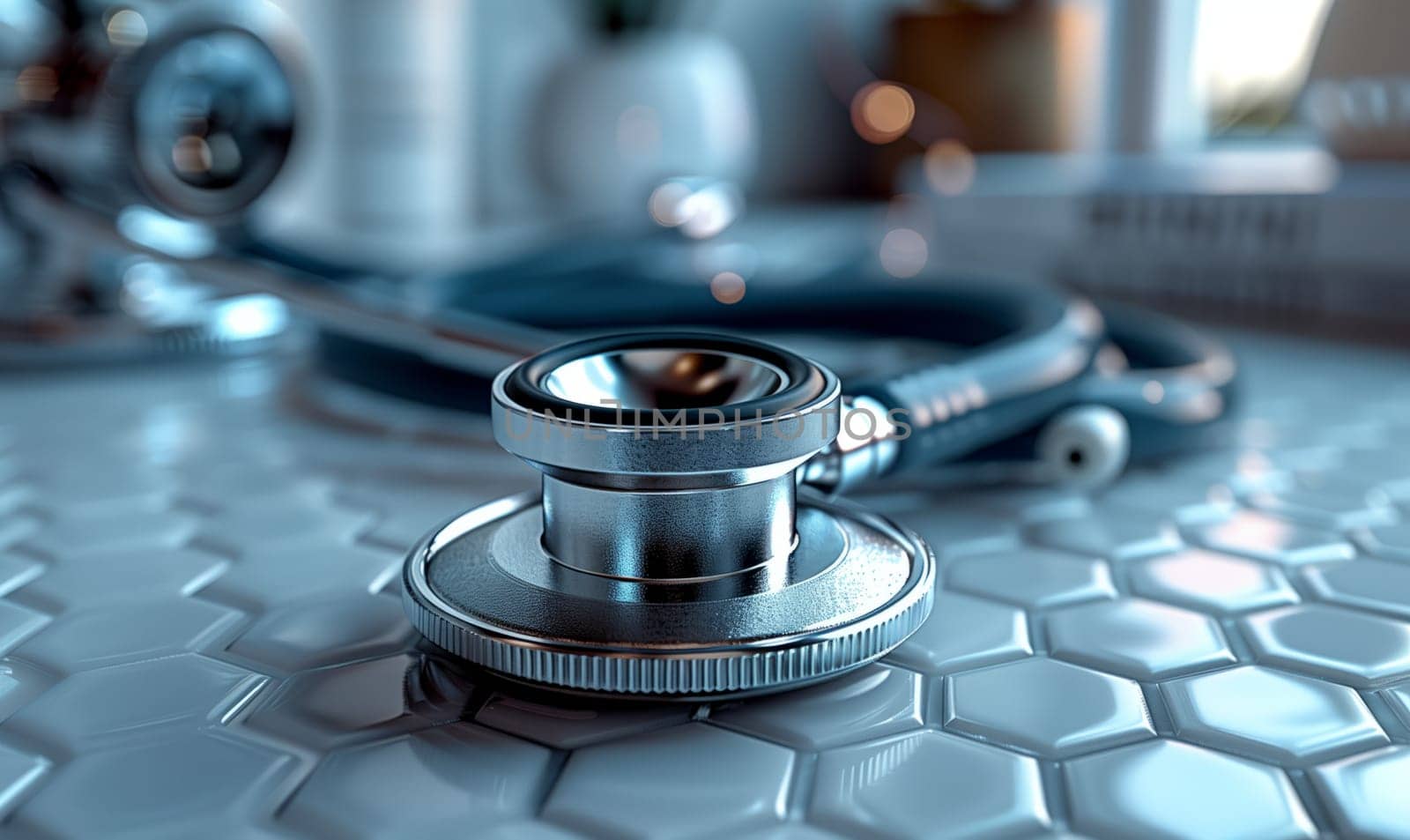 A stethoscope rests on a tiled floor next to a pool of water by richwolf