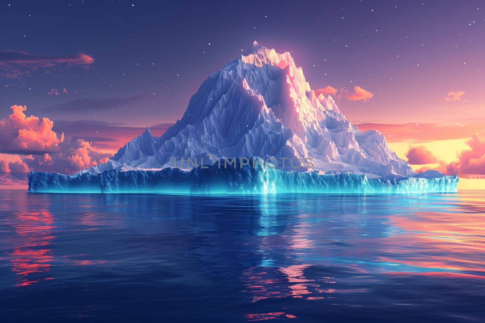 A massive iceberg, resembling a mountain of ice, peacefully floats in the vast ocean, creating a stunning natural landscape under the open sky