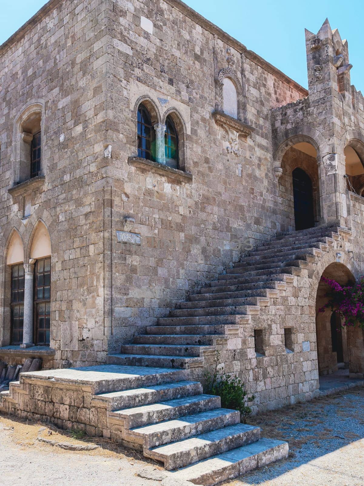 Beautiful view of the stone stairs of the temple of the Virgin on Mount Filerimos in Greece on the island of Rhodes, close-up side view. The concept of historical buildings.