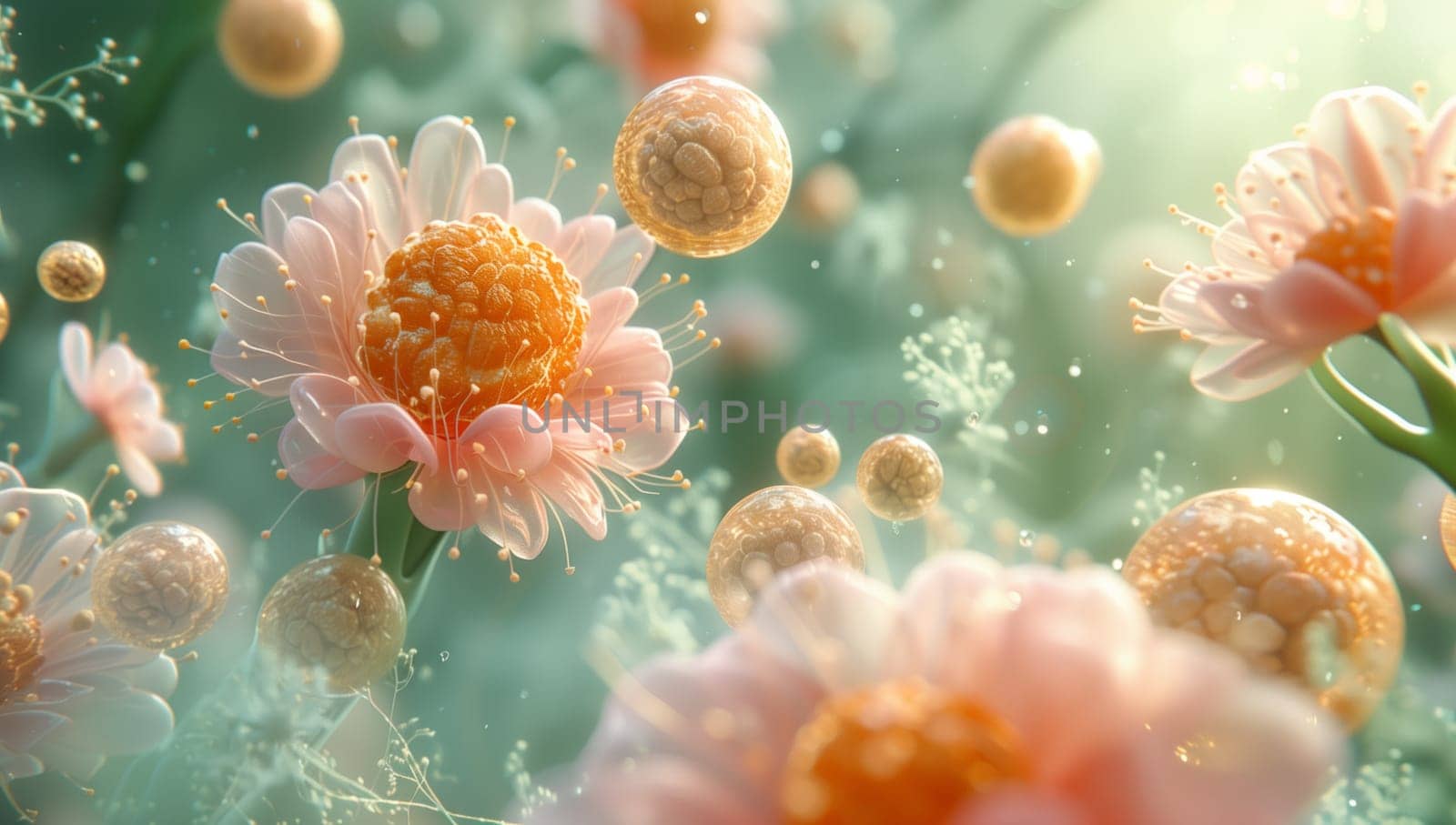 A closeup of an orange flower underwater, releasing bubbles. This marine organism is a flowering plant, adding beauty to the reef with its patterned petals