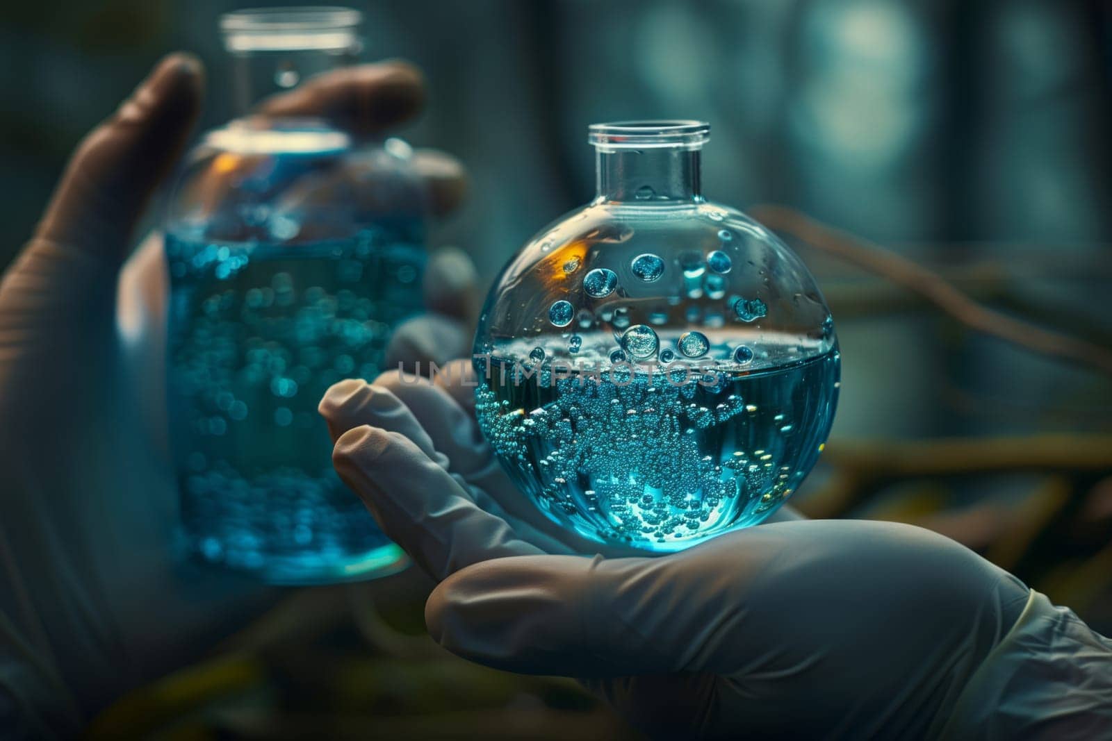 Person holding two electric blue plastic bottles filled with blue liquid by richwolf