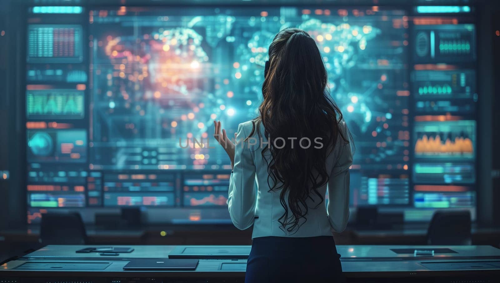 A woman stands before a massive screen in a control room by richwolf