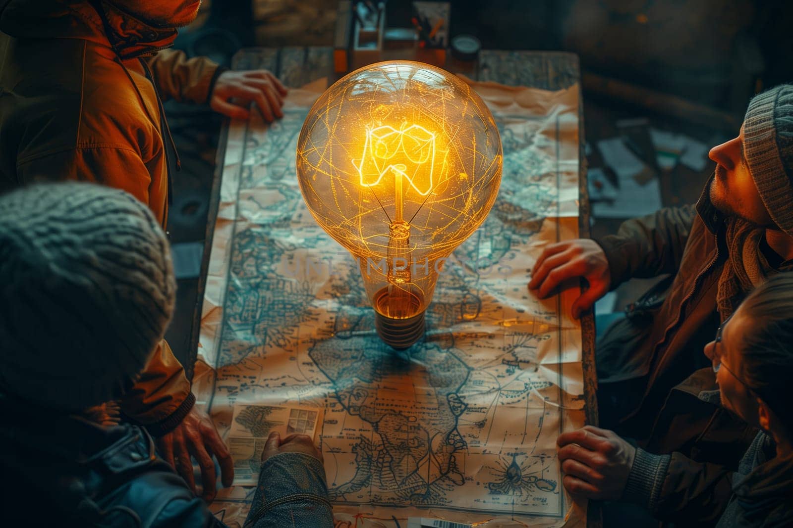 a group of people are sitting around a table looking at a light bulb by richwolf