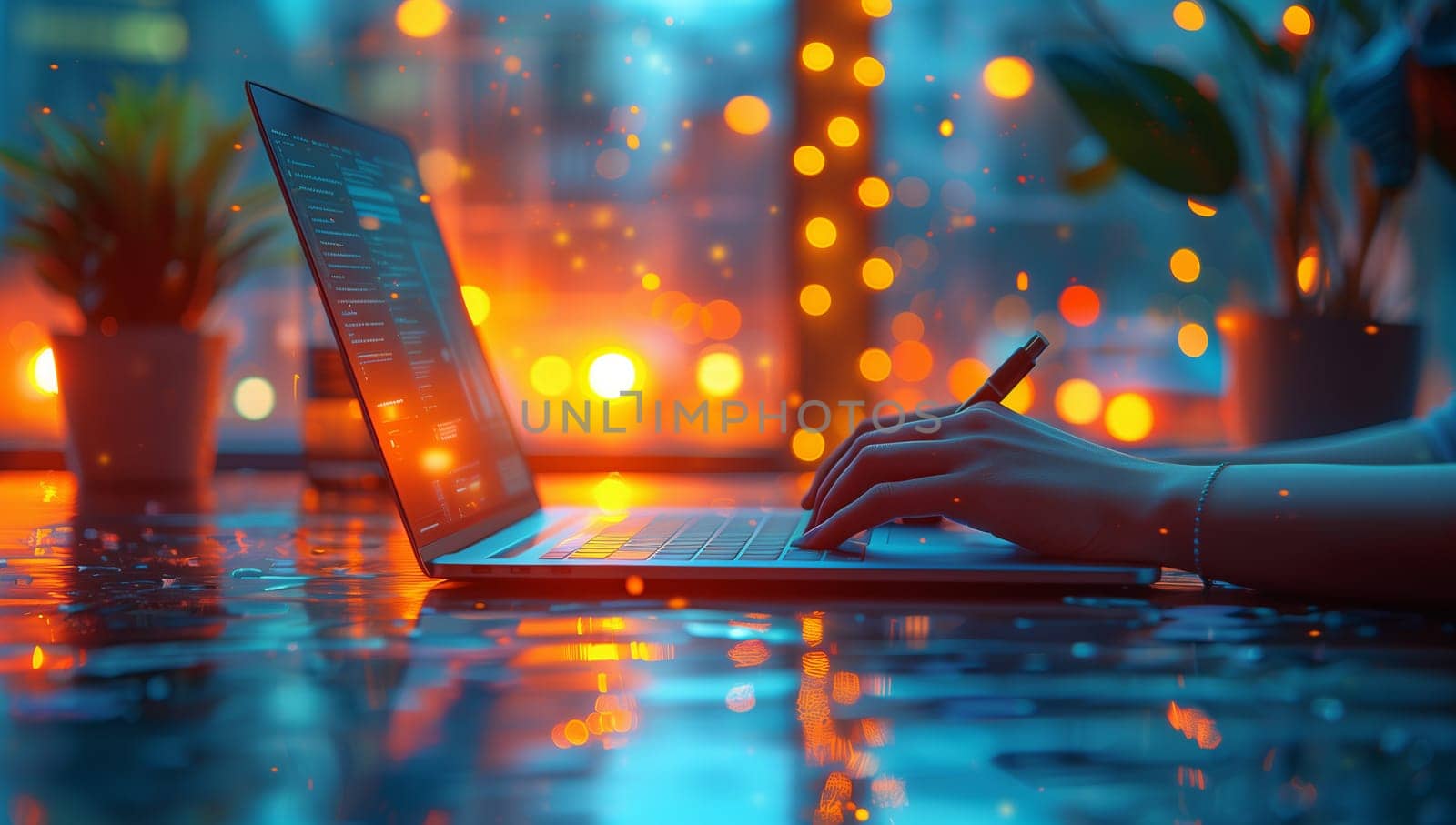 A person is having fun using a laptop computer on a glass table. The table reflects tints and shades of electric blue, mimicking the fluidity of water and automotive lighting