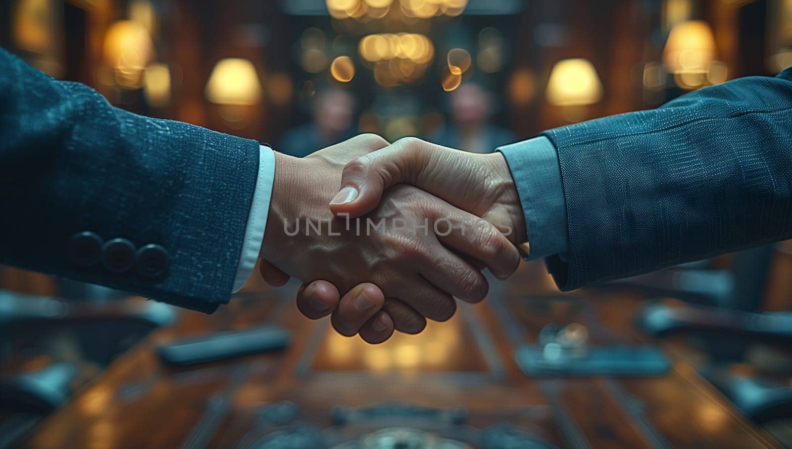 Two men in suits exchanging a firm handshake in a dimly lit room by richwolf