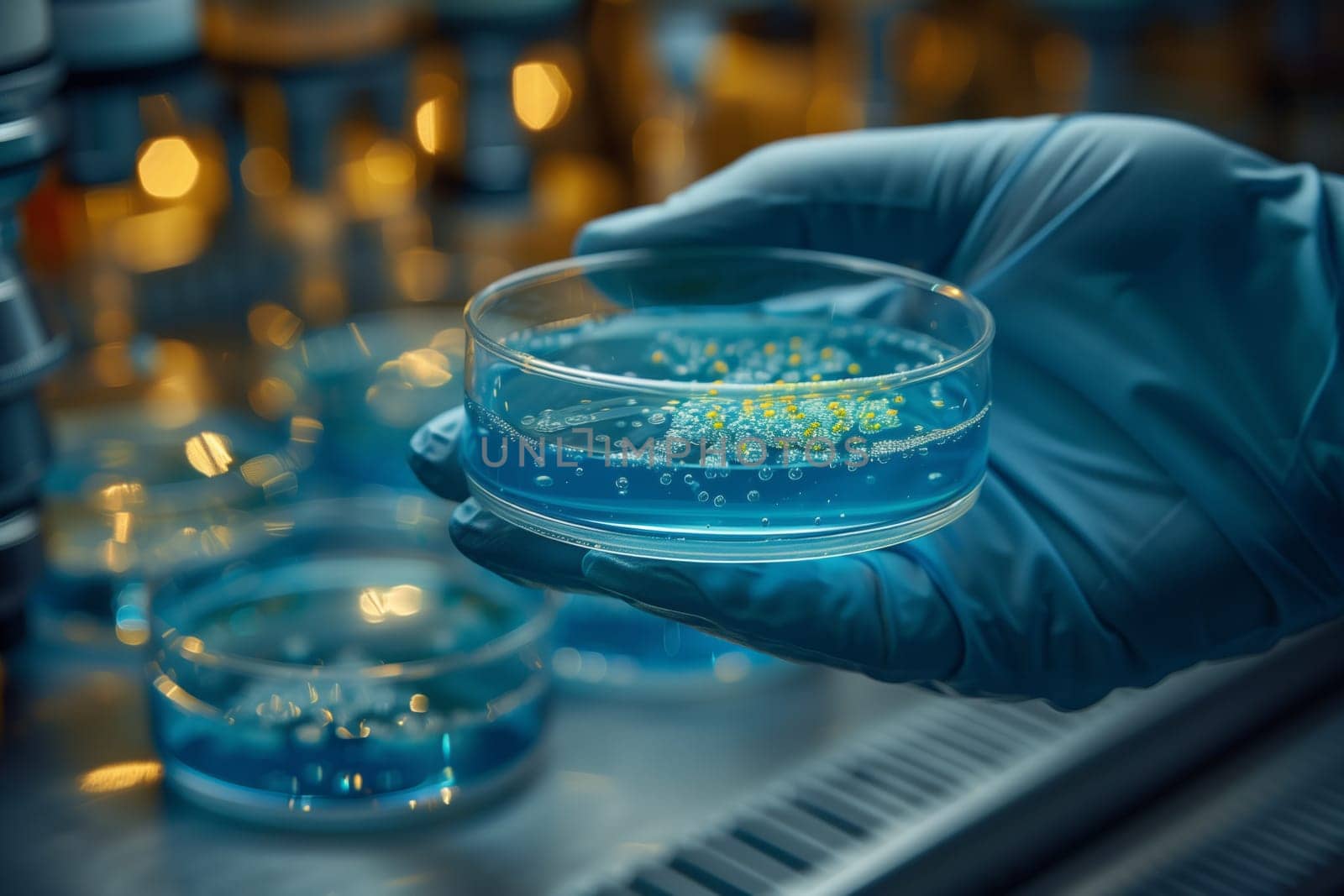 The person is holding a petri dish filled with an electric blue liquid, resembling automotive lighting. The glass dish is filled with a fluid resembling a drinkware glass font