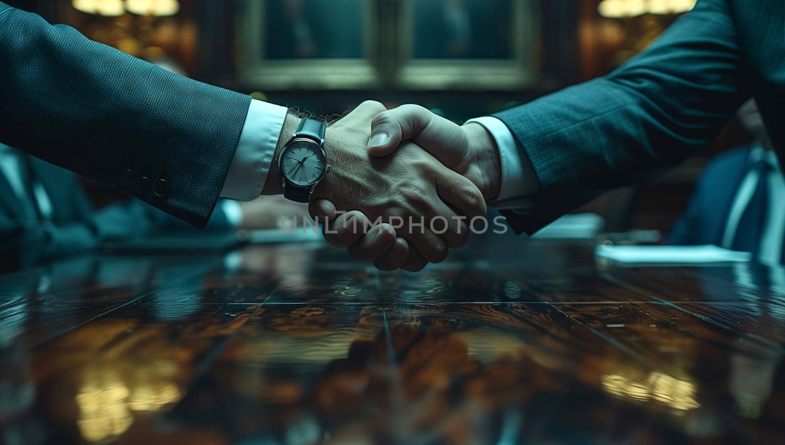 Two men in electric blue watch as they shake hands over a table by richwolf