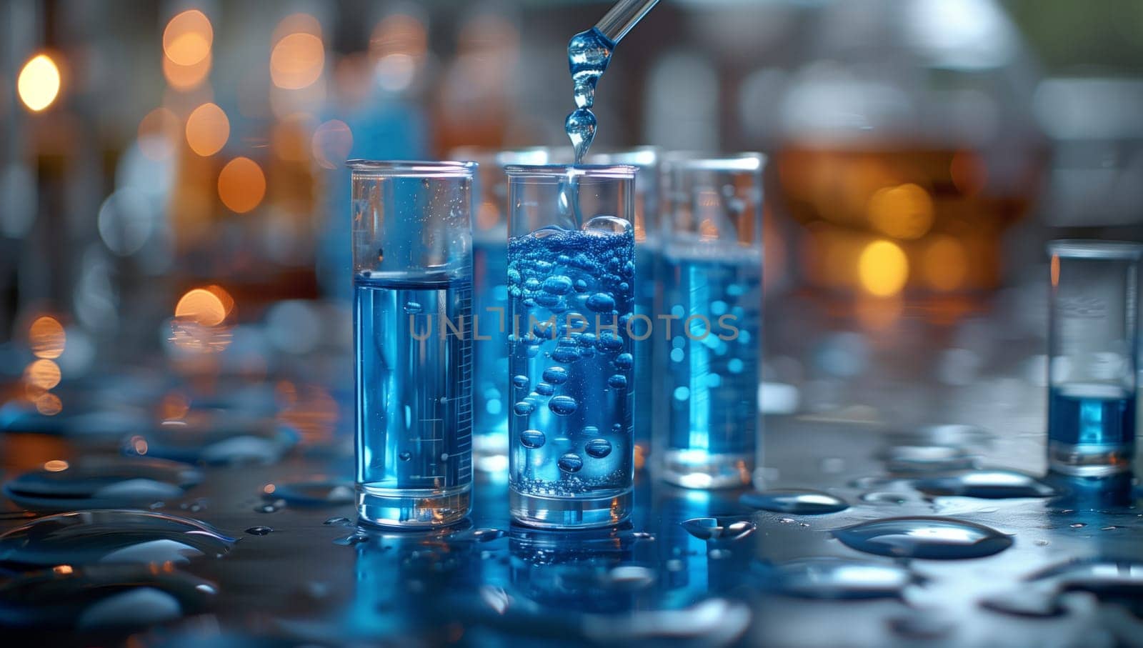 A pipette is transferring blue liquid from a glass bottle into a drinkware glass