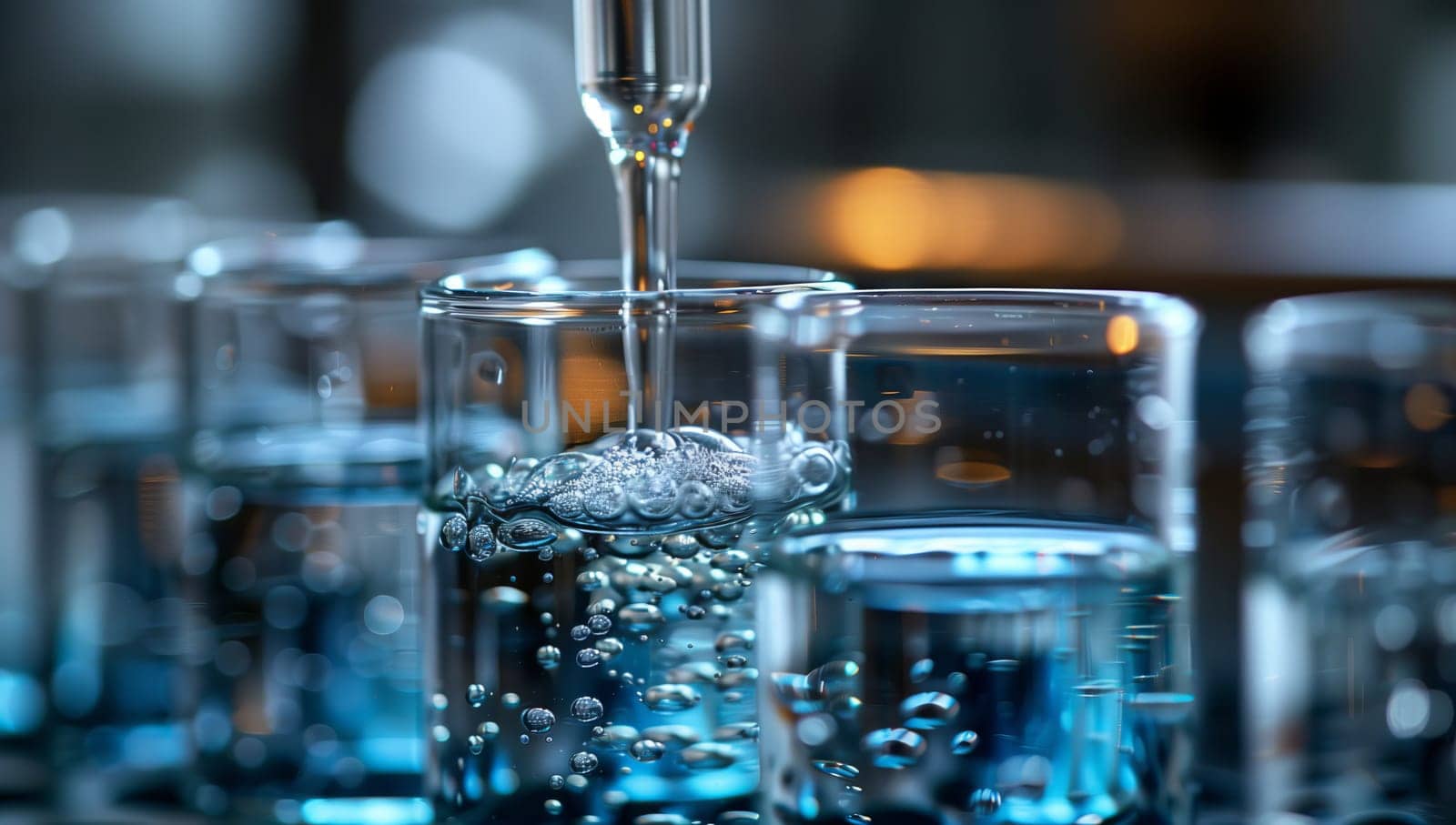 Liquid water is being poured into a glass containing bubbles, creating a mixture of fluid and gas inside the drinkware. This scientific process involves the interaction of water and air in the glass