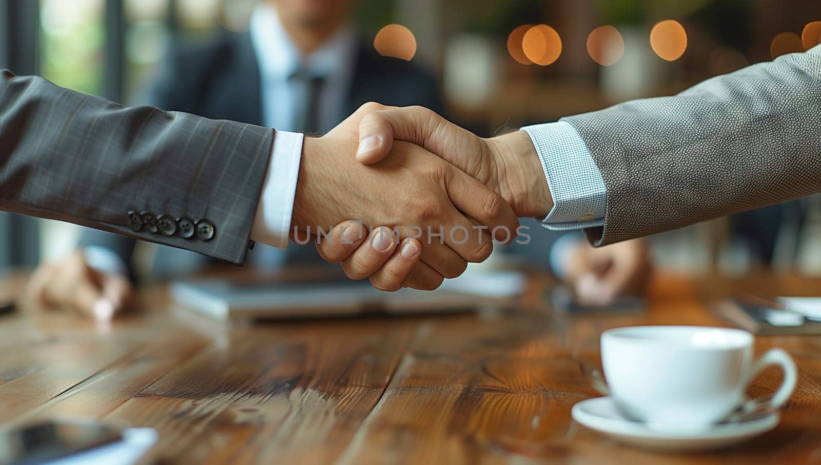 Two businessmen are making a gesture of agreement by shaking hands across a wooden table. The tableware includes cups and dishes for serving cuisine