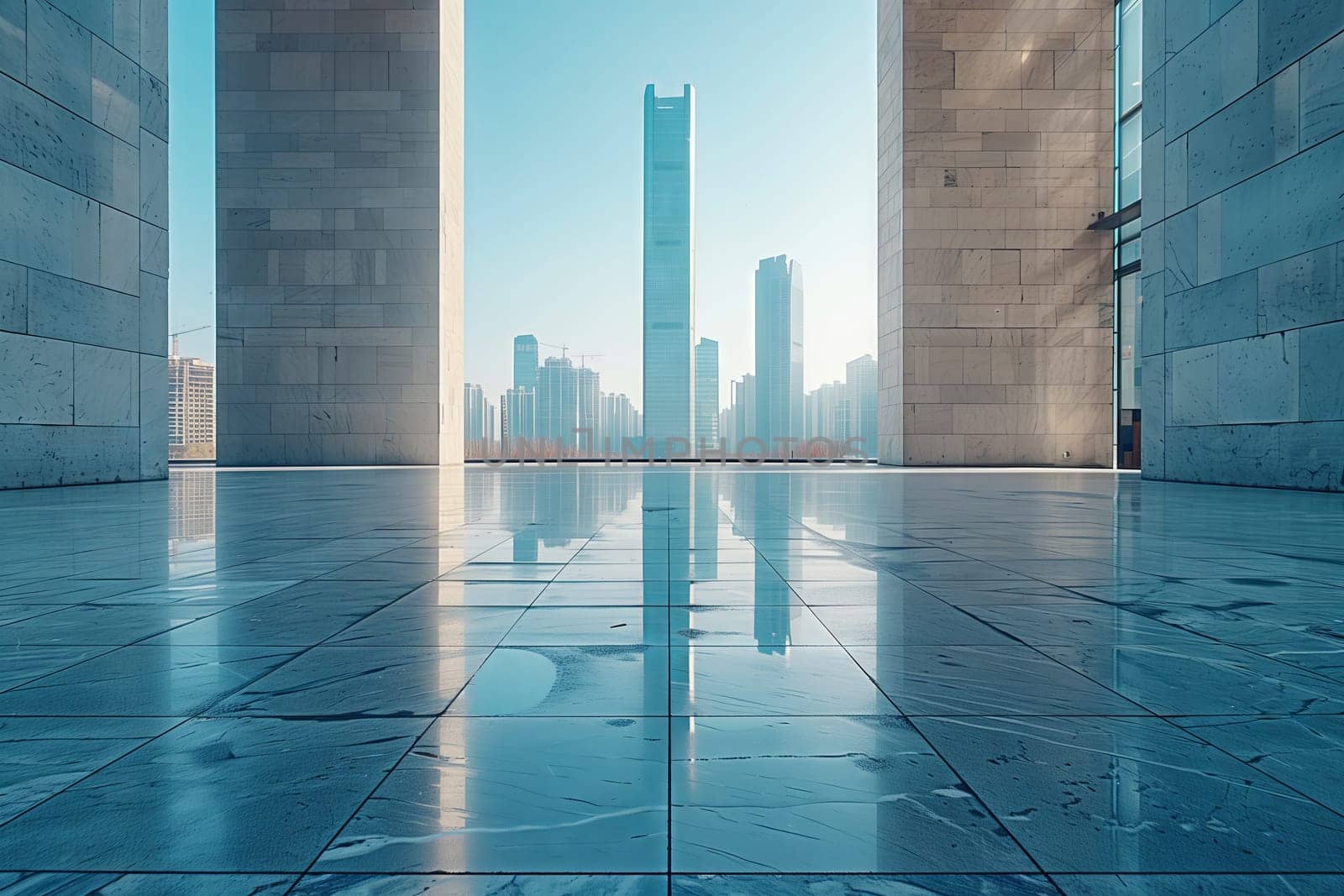 An empty room on a high floor of a condominium building, with a view of the azure city skyline through the window, framed by tall skyscrapers and tower blocks