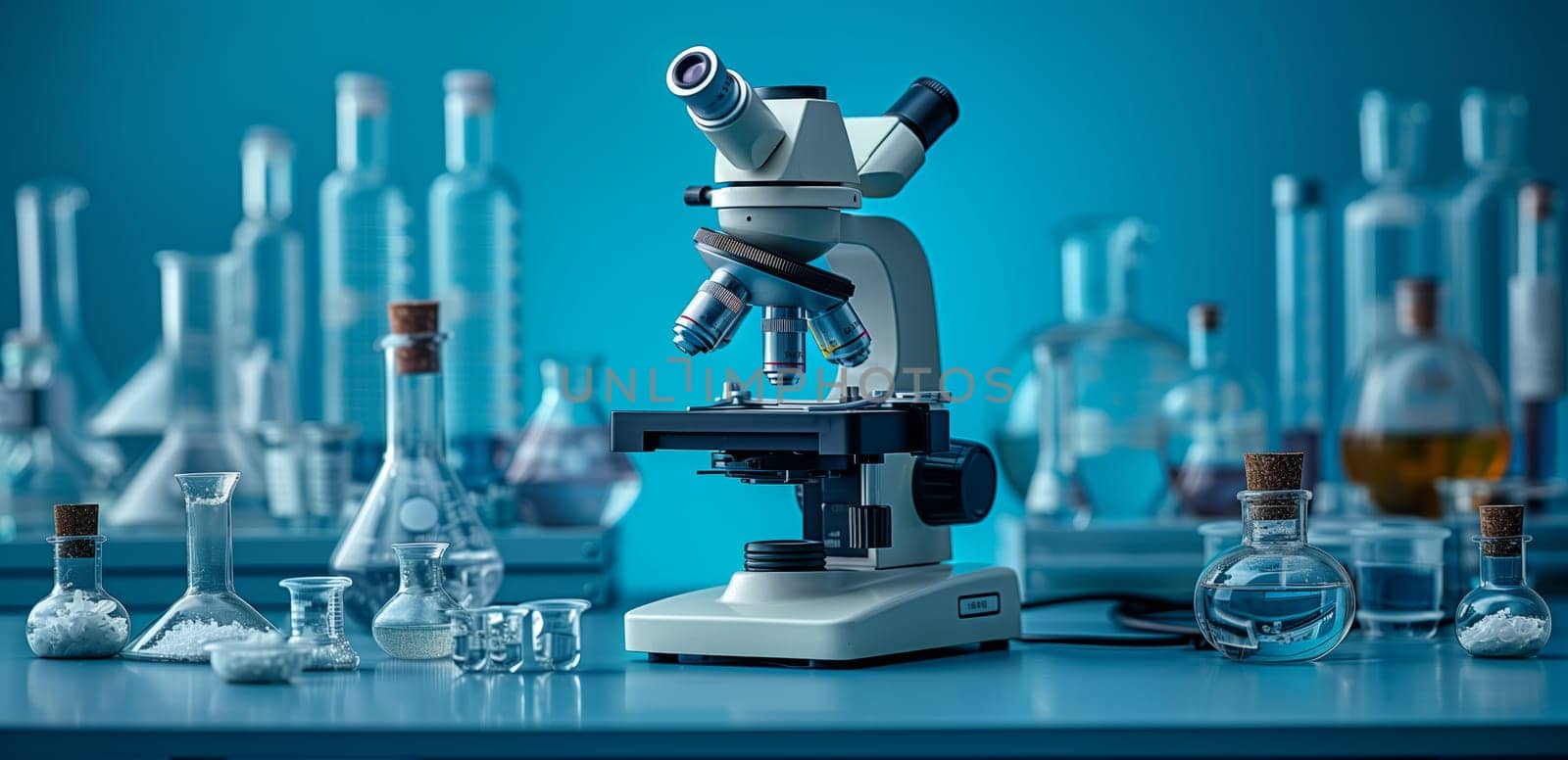 a microscope is sitting on top of a table surrounded by laboratory glassware . High quality