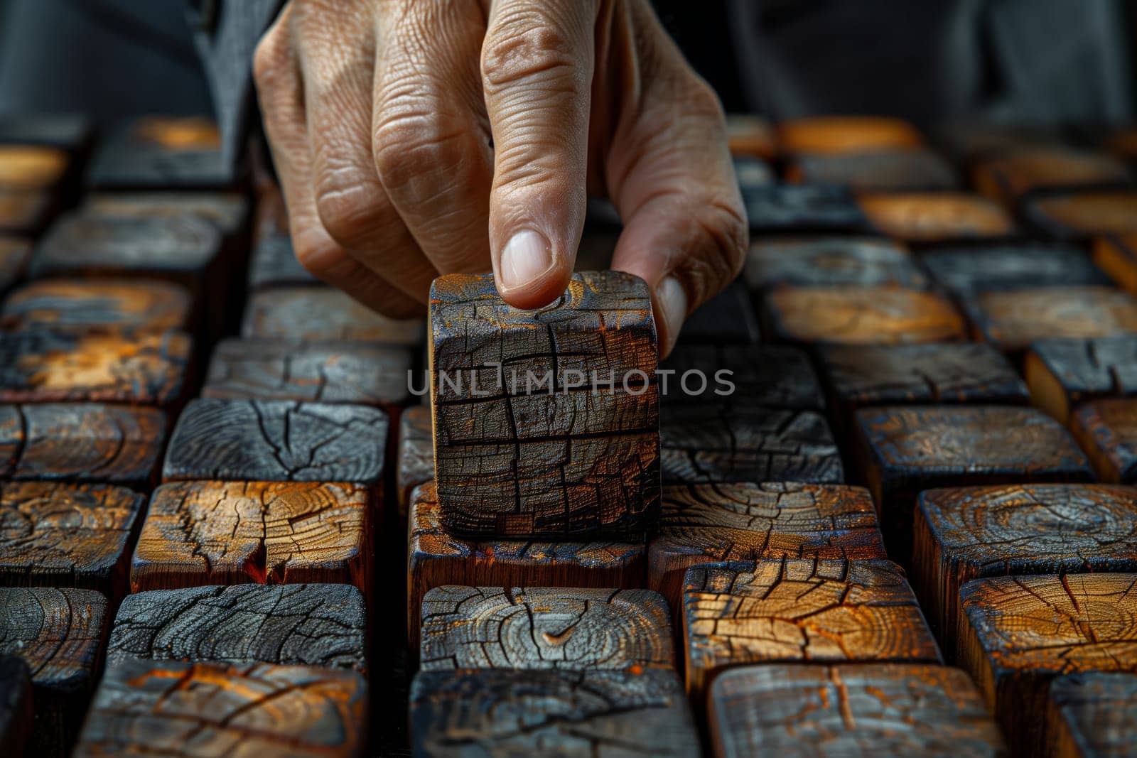 A person is playing a game of chess with wooden cubes, using their fingers to move the pieces. The wooden cubes resemble bricks used in construction