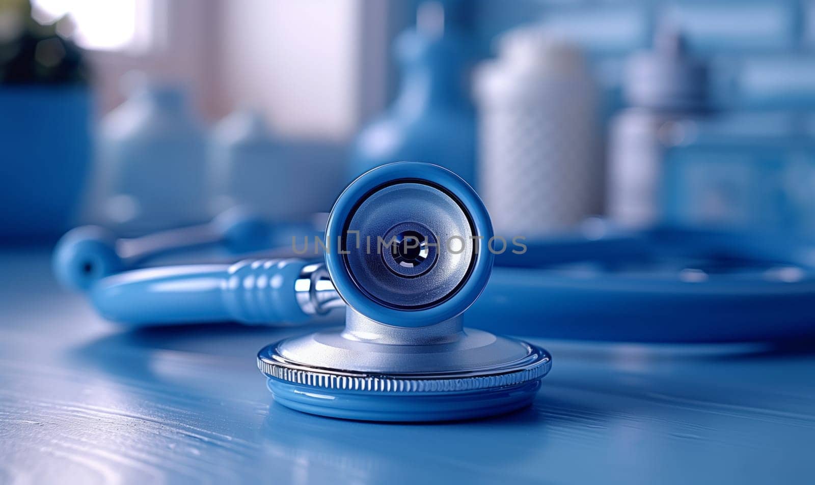 A gas blue stethoscope is placed on an electric blue table, creating a harmonious circle of color. The cameras optics capture the gadget fashion accessory in a macro photography style