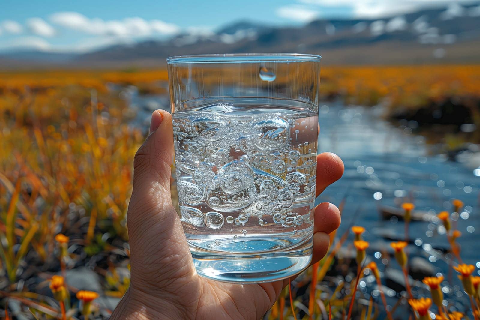 A person is holding a glass of liquid against the backdrop of a scenic natural landscape with a flowing river, green plants, and a cloudy sky
