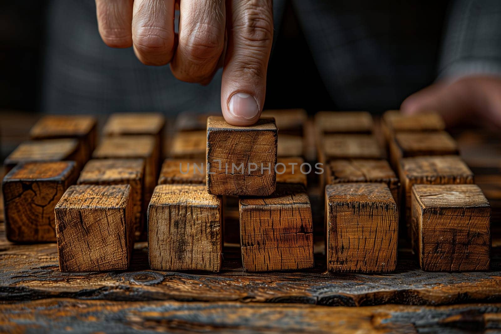 Hand gestures stacking wooden blocks on table, using fingers and thumbs by richwolf