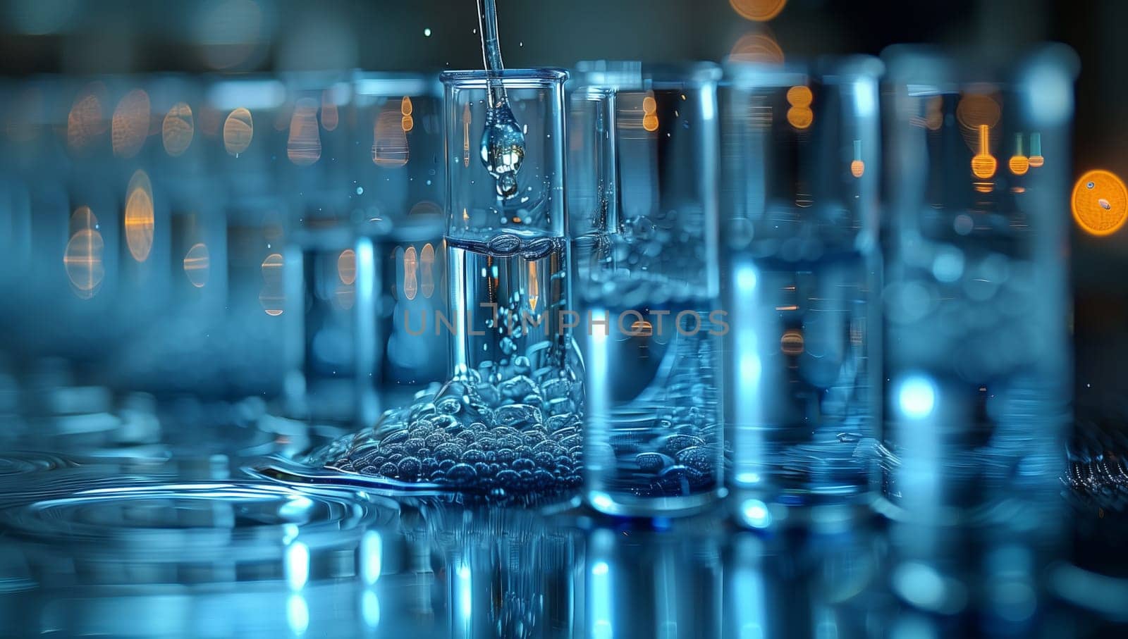 Liquid water is poured into glass test tubes in a laboratory by richwolf
