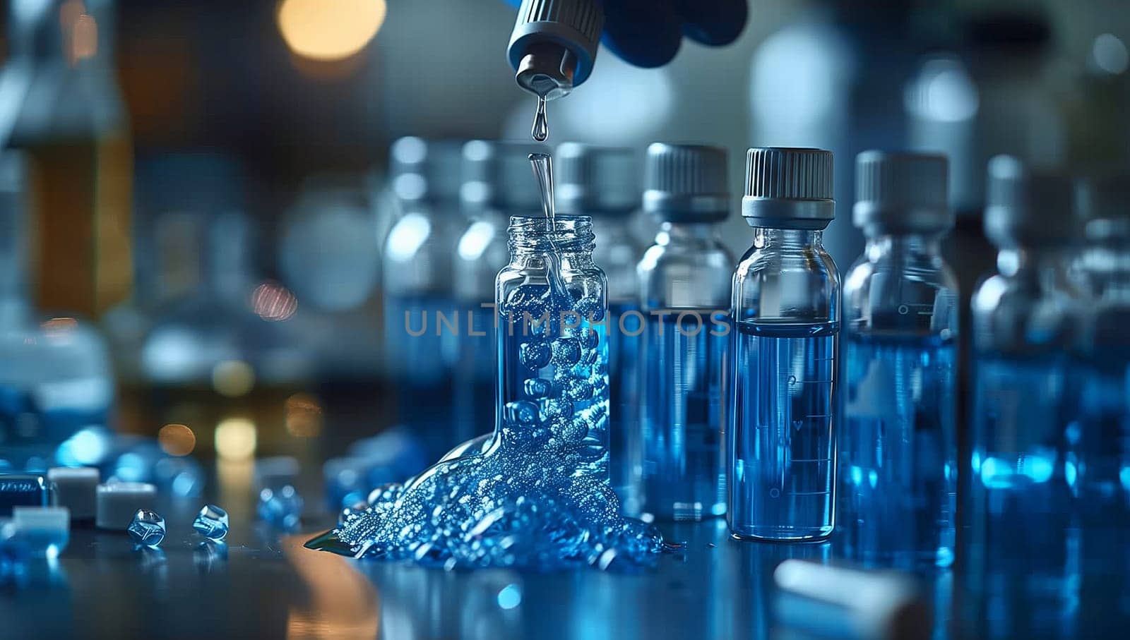 A person is pouring liquid from a plastic bottle into a test tube in a laboratory